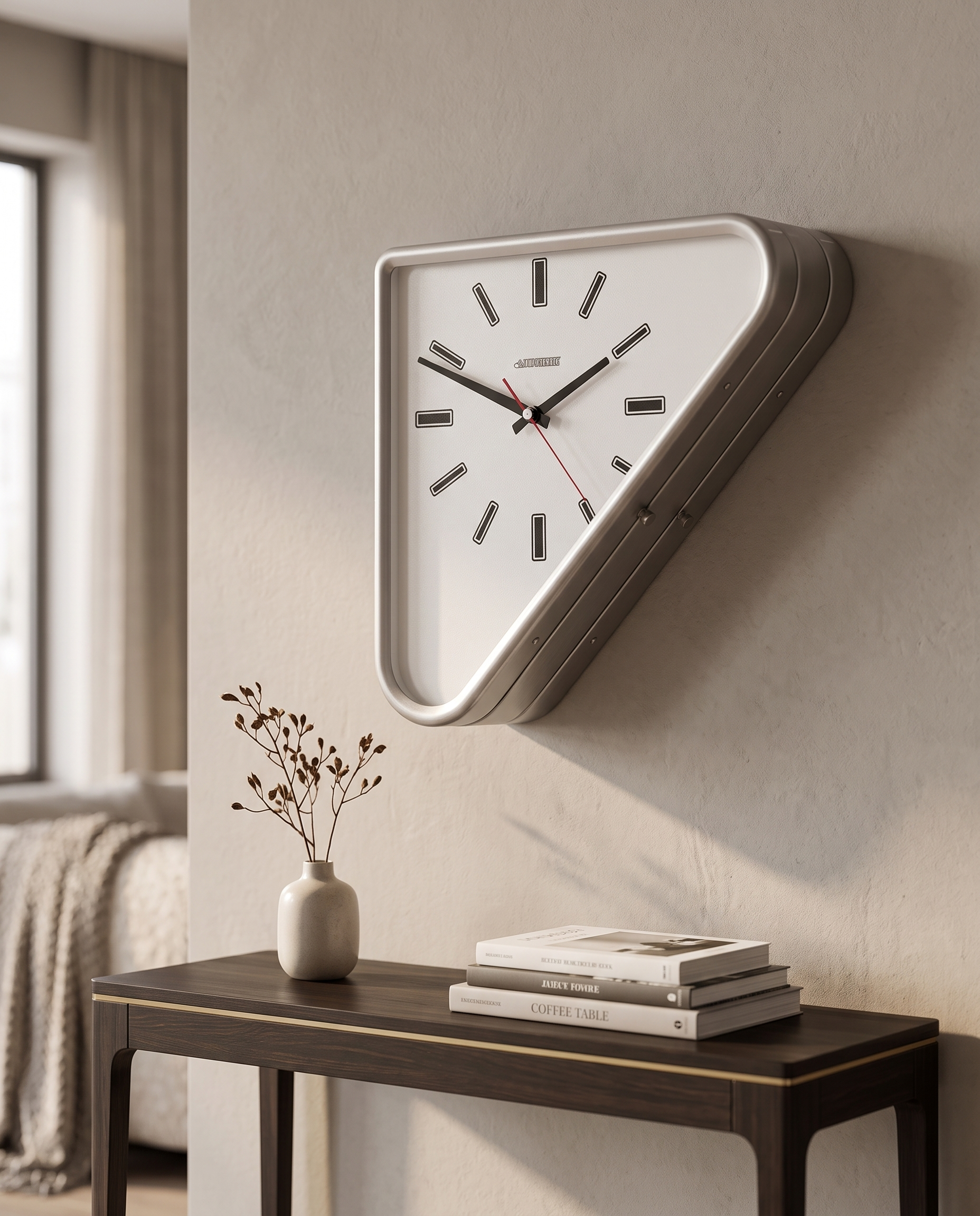Dual-Sided Triangle Wall Clock — Silver, mounted above a console on a refined living-room wall