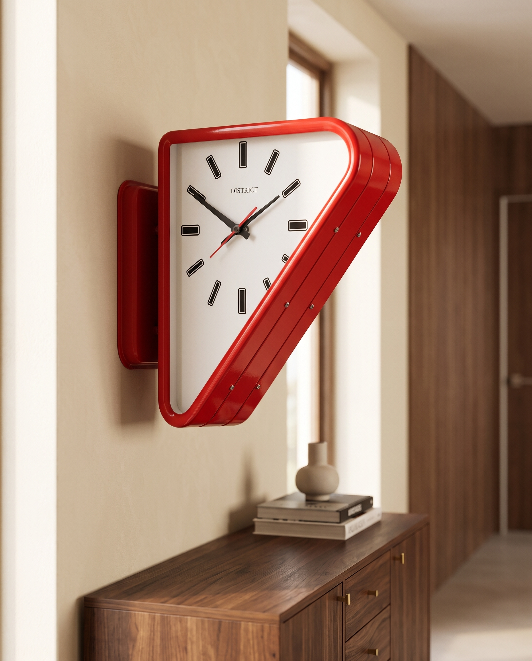 Dual-Sided Triangle Wall Clock — Red, mounted above a console on a refined hallway wall