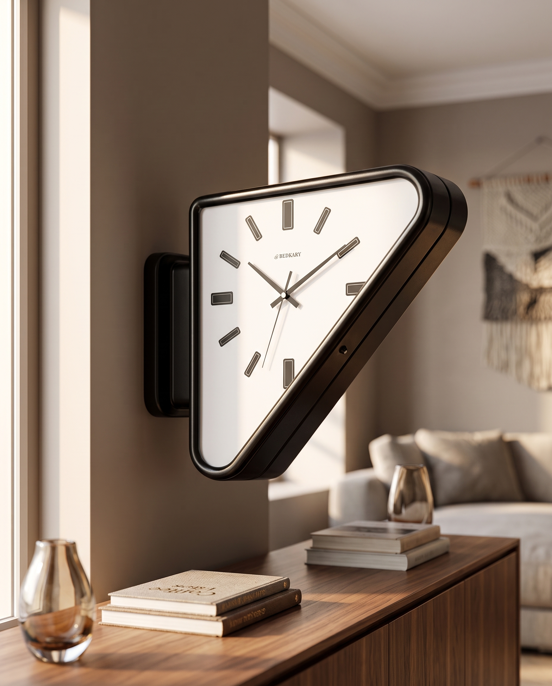 Dual-Sided Triangle Wall Clock — Black, mounted above a wooden console in a living room