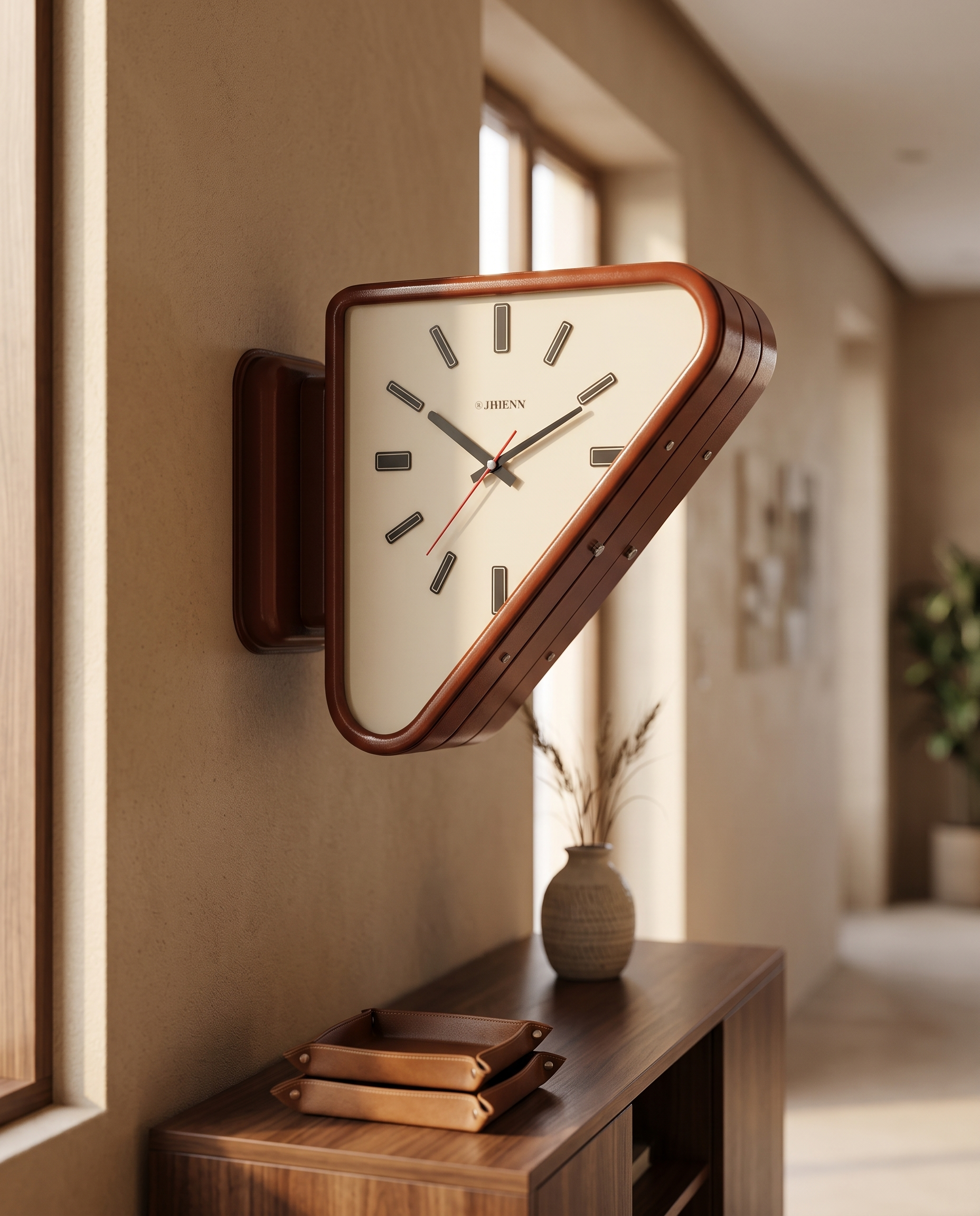 Dual-Sided Triangle Wall Clock — Brick Brown, mounted above a console on a refined hallway wall