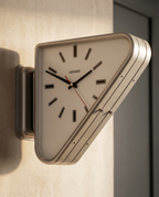 Dual-Sided Triangle Wall Clock — macro detail of the iron frame, dial and hands