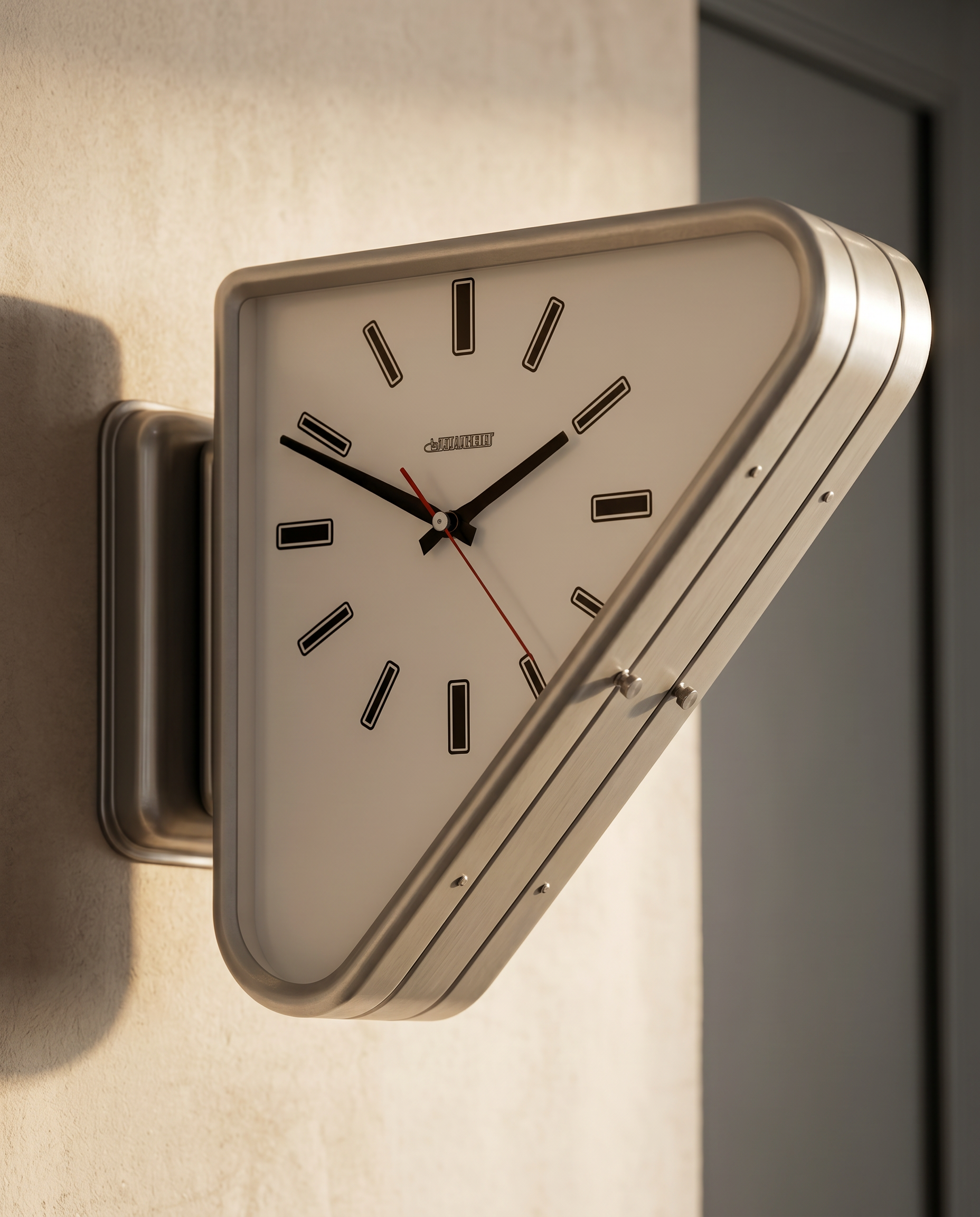 Dual-Sided Triangle Wall Clock — macro detail of the iron frame, dial and hands