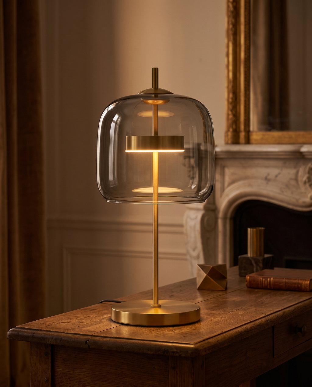 Stained Glass Table Lamp — Smoke Grey shade glowing softly, warm Parisian Art Deco evening interior on aged-wood console