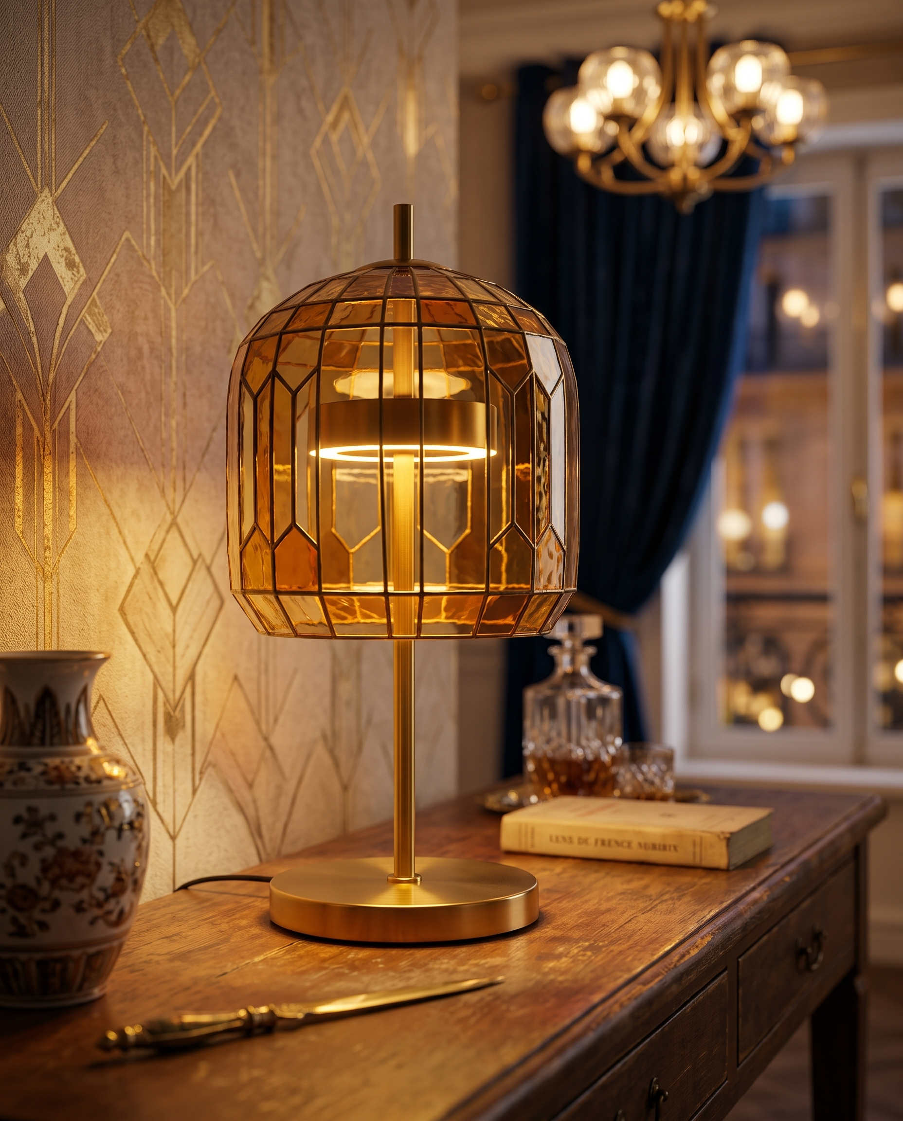 Stained Glass Table Lamp — Amber shade glowing softly, warm Parisian Art Deco evening interior on aged-wood console