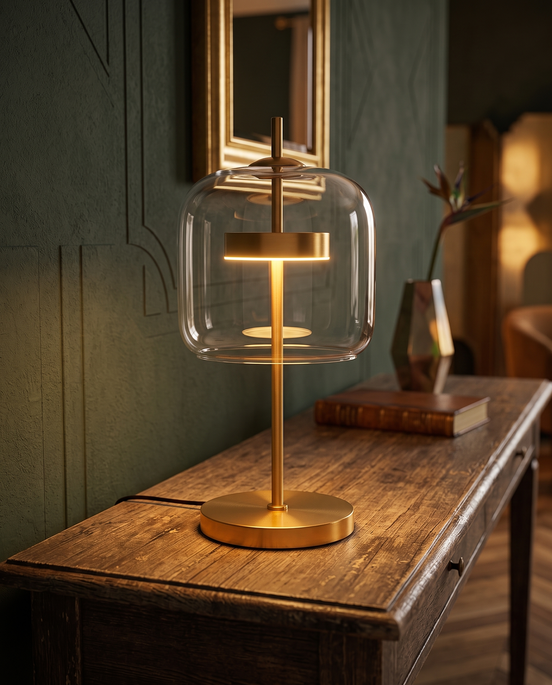 Stained Glass Table Lamp — Transparent clear glass shade glowing softly, warm Parisian Art Deco evening interior on aged-wood console