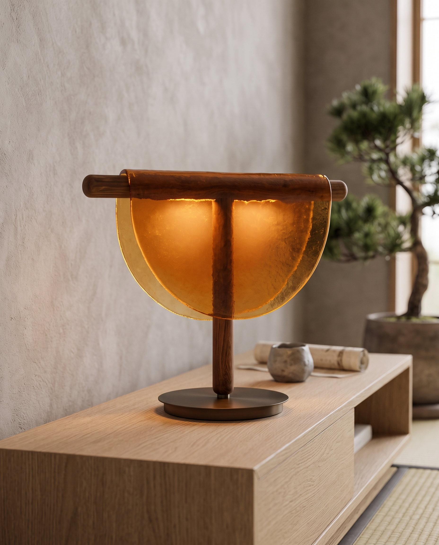 Half-Moon Amber Glass Table Lamp, LED — Amber hero on light-oak console, serene Japandi living room