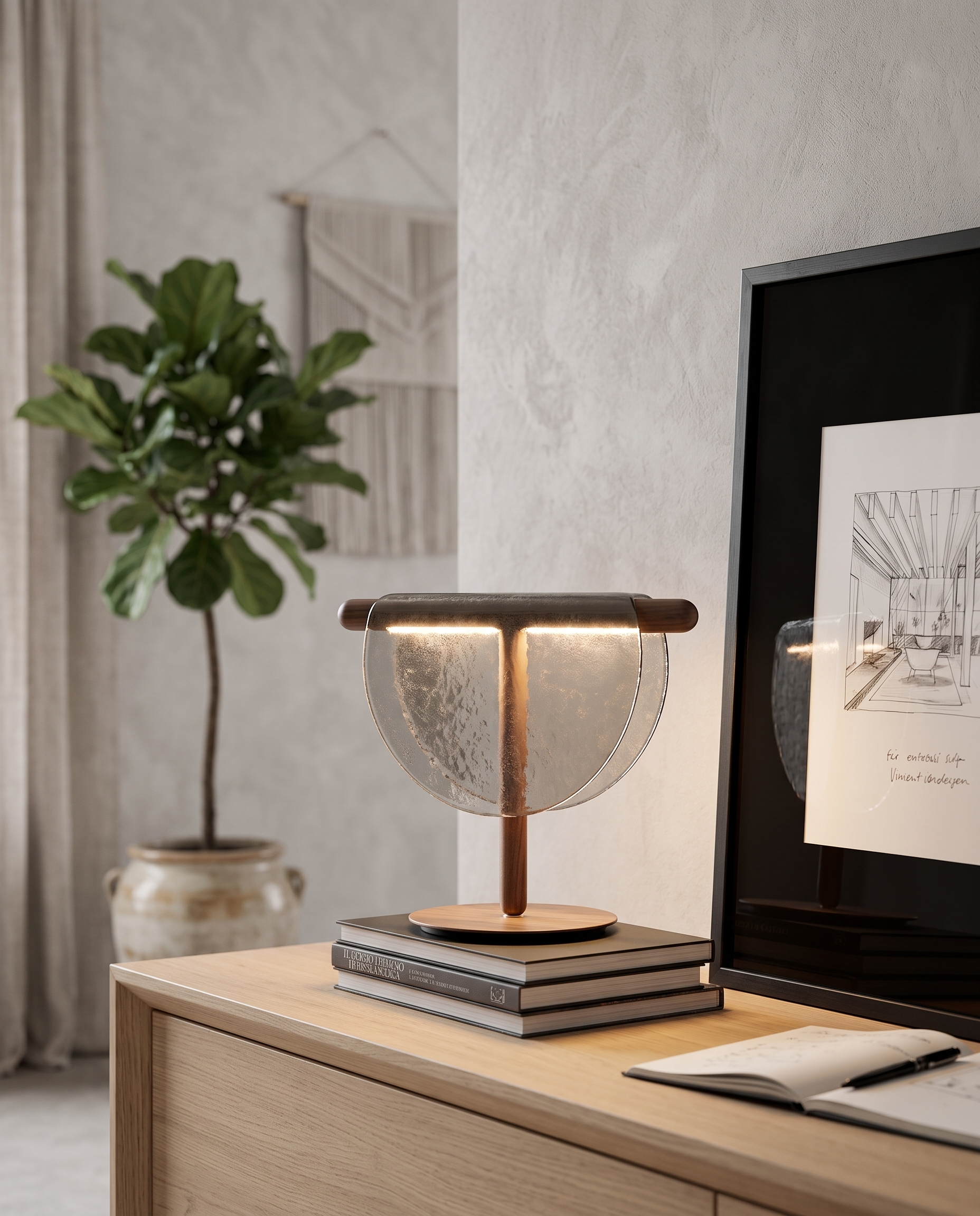 Half-Moon Amber Glass Table Lamp, LED — Gray hero on light-oak console, serene Japandi living room