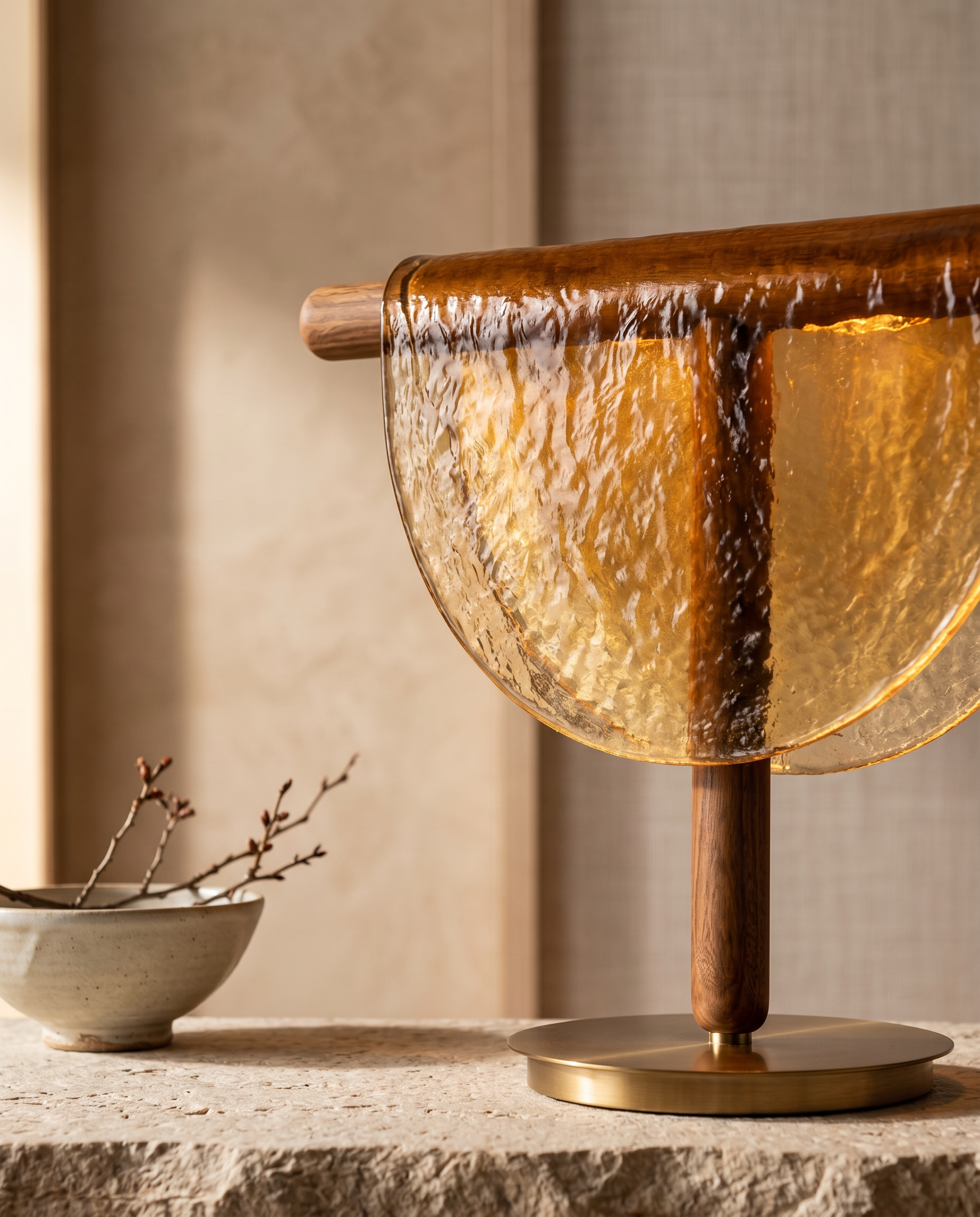 Half-Moon Amber Glass Table Lamp, LED — macro detail of glass and wood base, warm side light