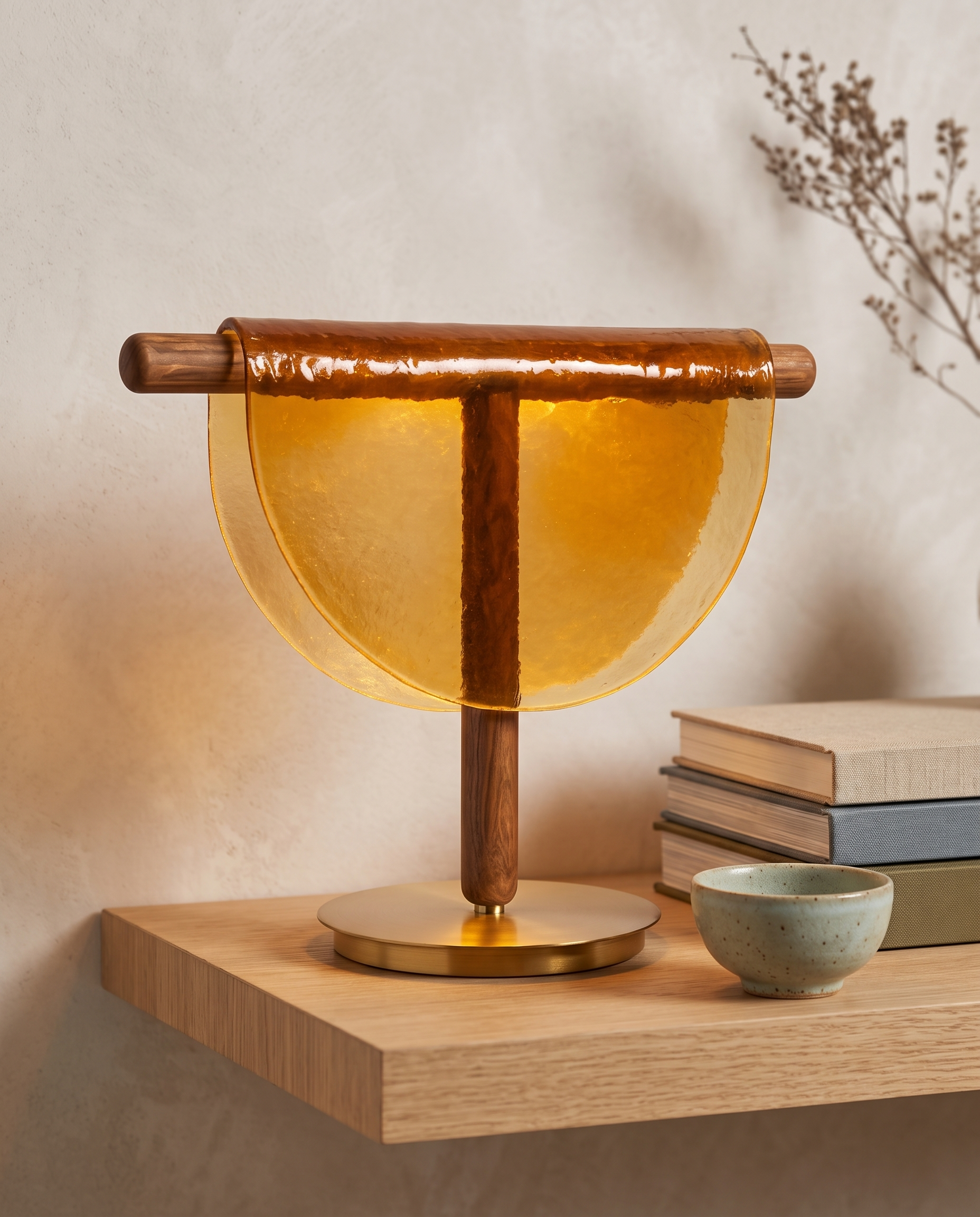 Half-Moon Amber Glass Table Lamp, LED — scale placement on oak shelf with books and ceramic bowl, Japandi interior