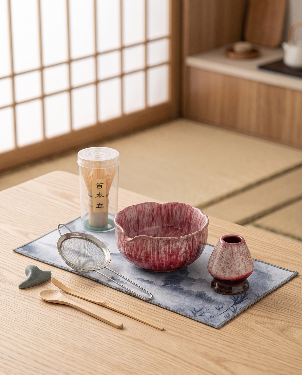 Petal-Glazed Matcha Ceremony Set, 8-Piece Gift Box — Glazed Pink kiln-glazed bowl in a calm Japanese tea room