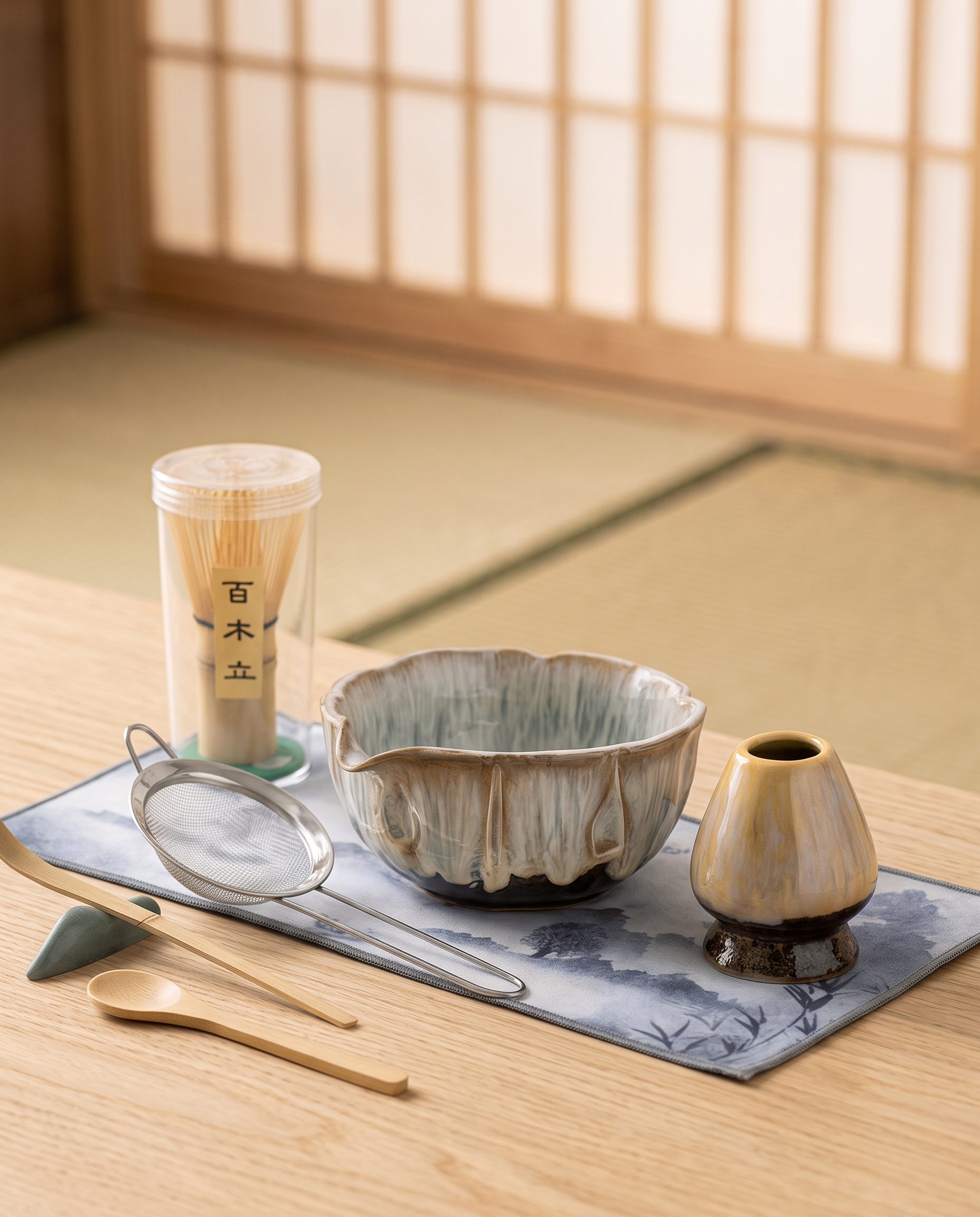 Petal-Glazed Matcha Ceremony Set, 8-Piece Gift Box — Glazed Beige kiln-glazed bowl in a calm Japanese tea room