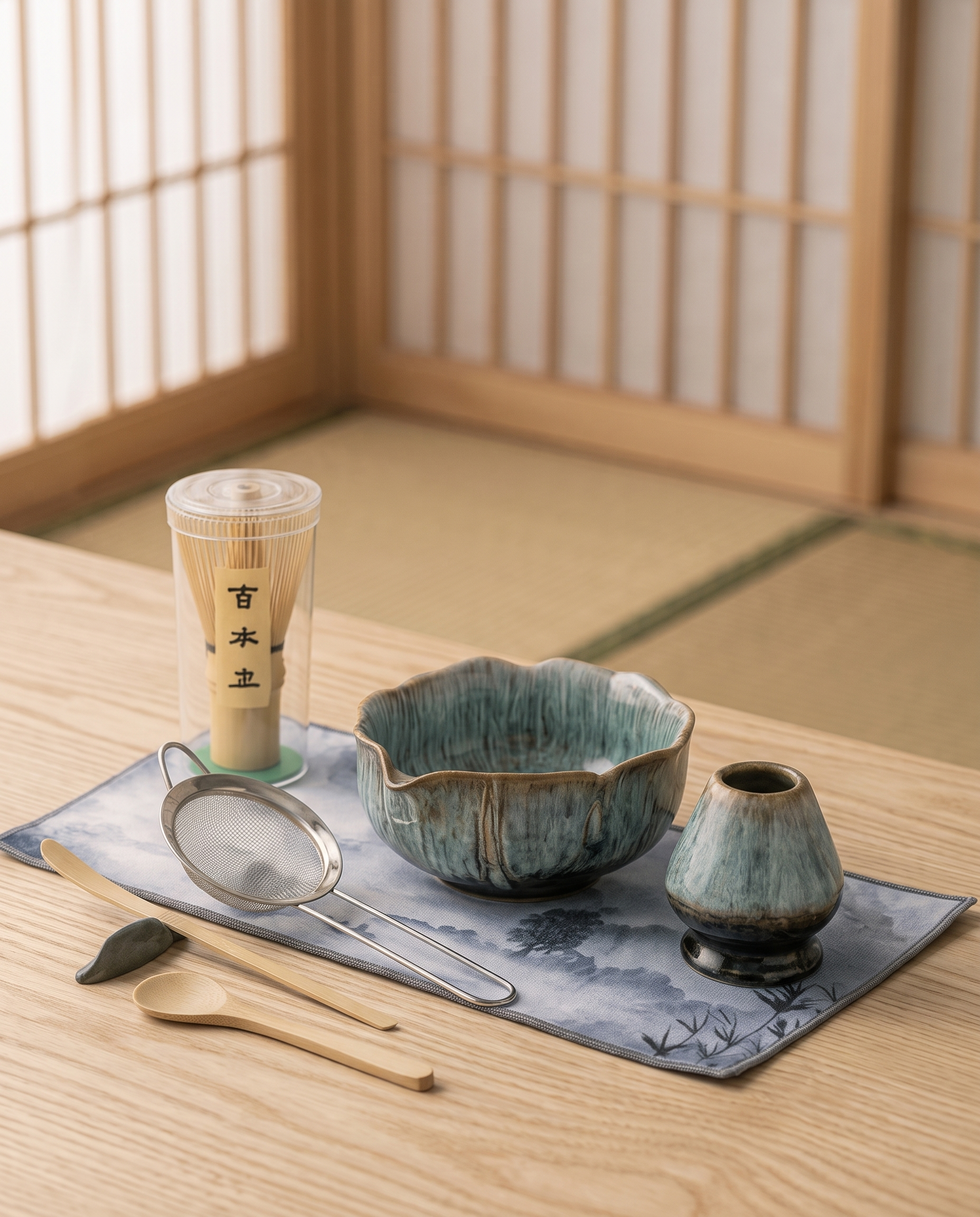 Petal-Glazed Matcha Ceremony Set, 8-Piece Gift Box — Glazed Blue kiln-glazed bowl in a calm Japanese tea room