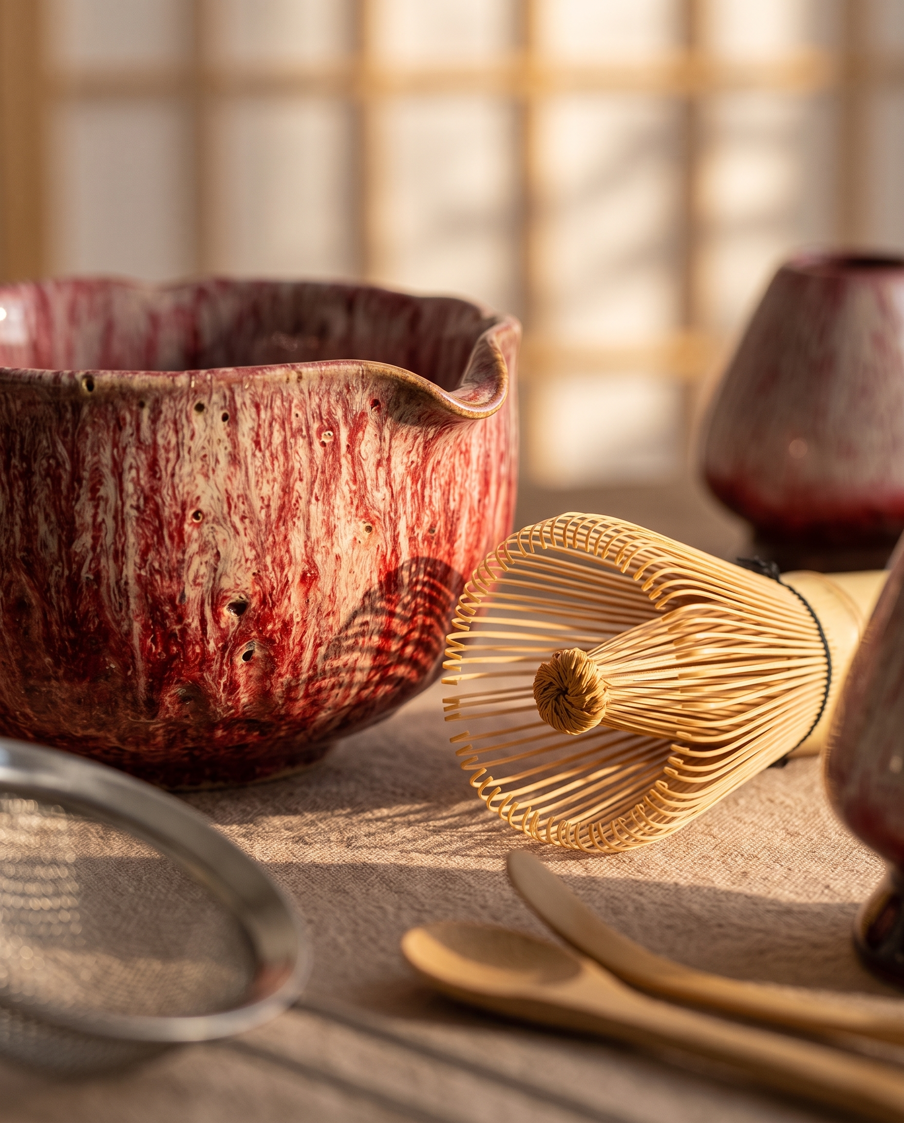 Petal-Glazed Matcha Ceremony Set, 8-Piece Gift Box — macro detail of the kiln glaze and bamboo whisk in warm side light