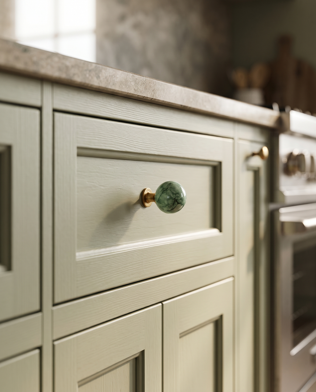 BlushStone Marble Brass Knob — Green marble knob, mounted on a sage-green Shaker cabinet drawer in a luxury kitchen