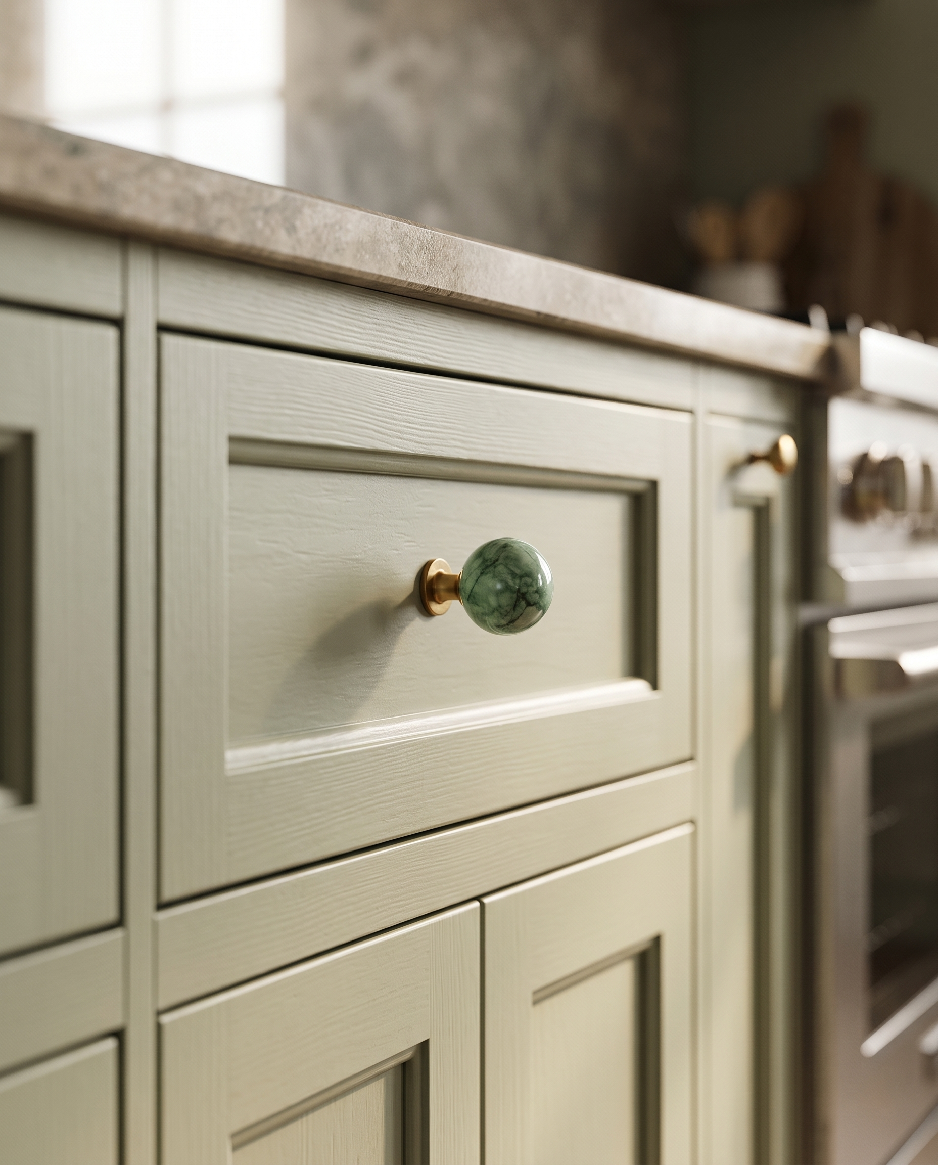 BlushStone Marble Brass Knob — Green marble knob, mounted on a sage-green Shaker cabinet drawer in a luxury kitchen