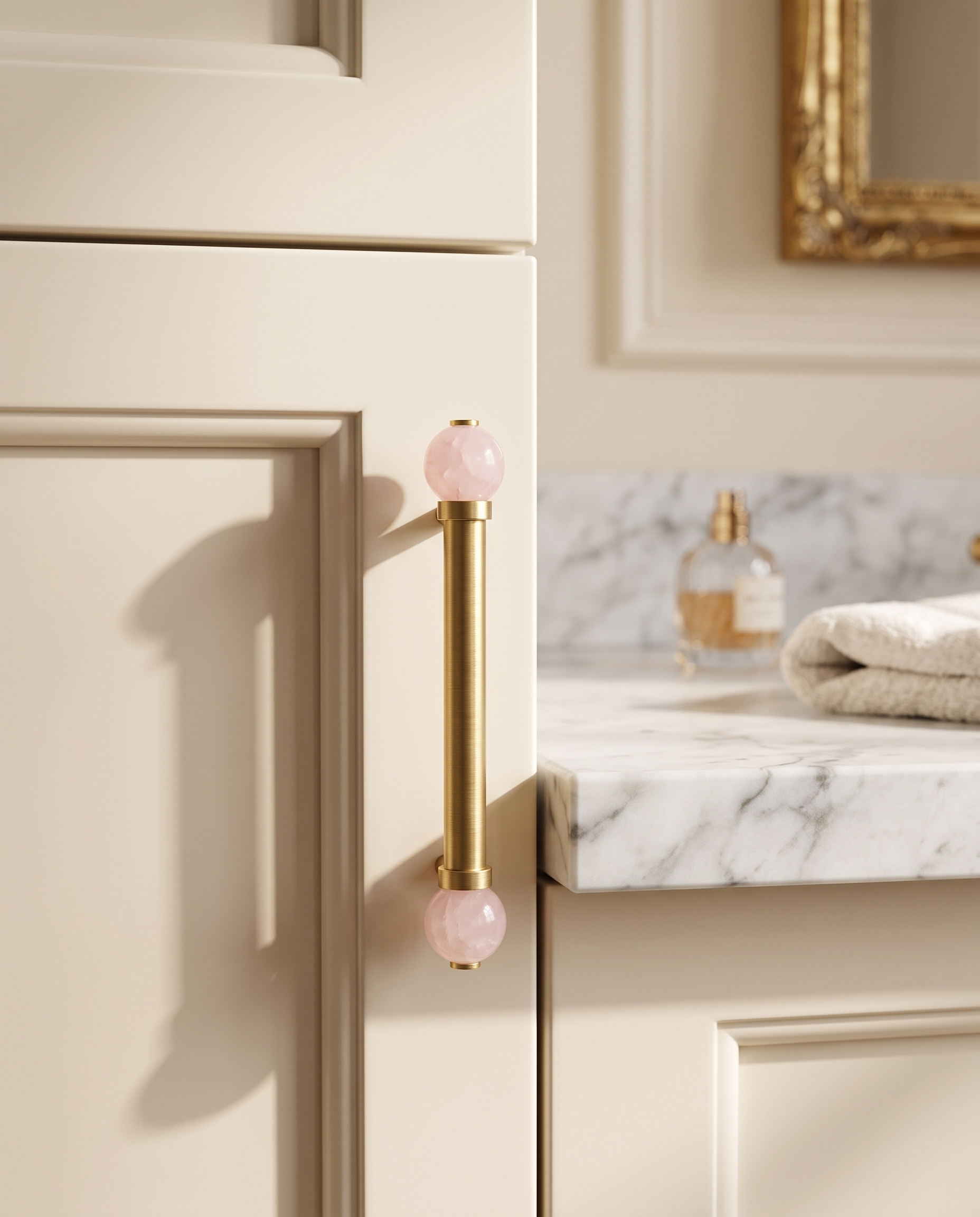 BlushStone Marble Brass Knob — Pink marble knob, mounted on a cream lacquered vanity drawer in a luxe marble bathroom