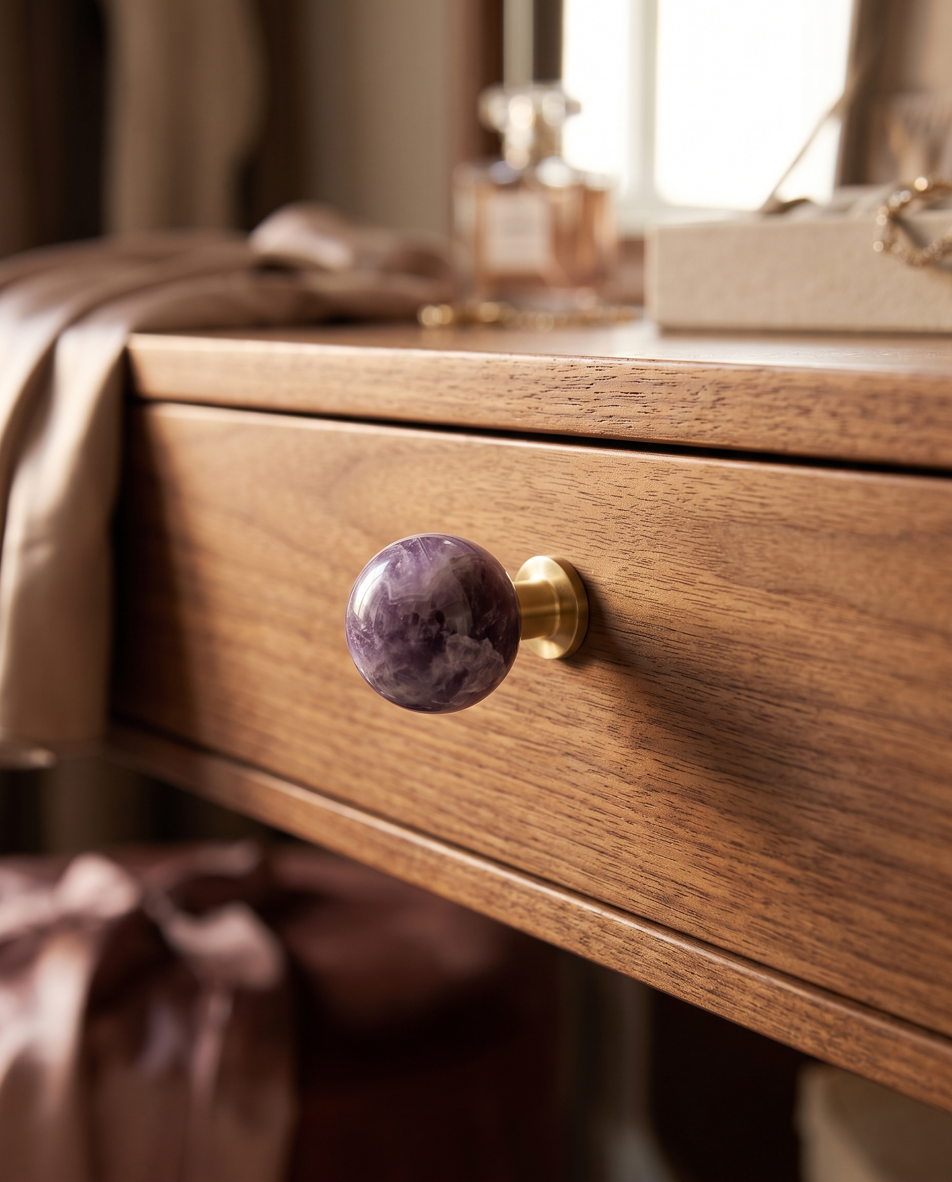 BlushStone Marble Brass Knob — Purple marble knob, mounted on a warm walnut wood drawer front in a refined dressing room
