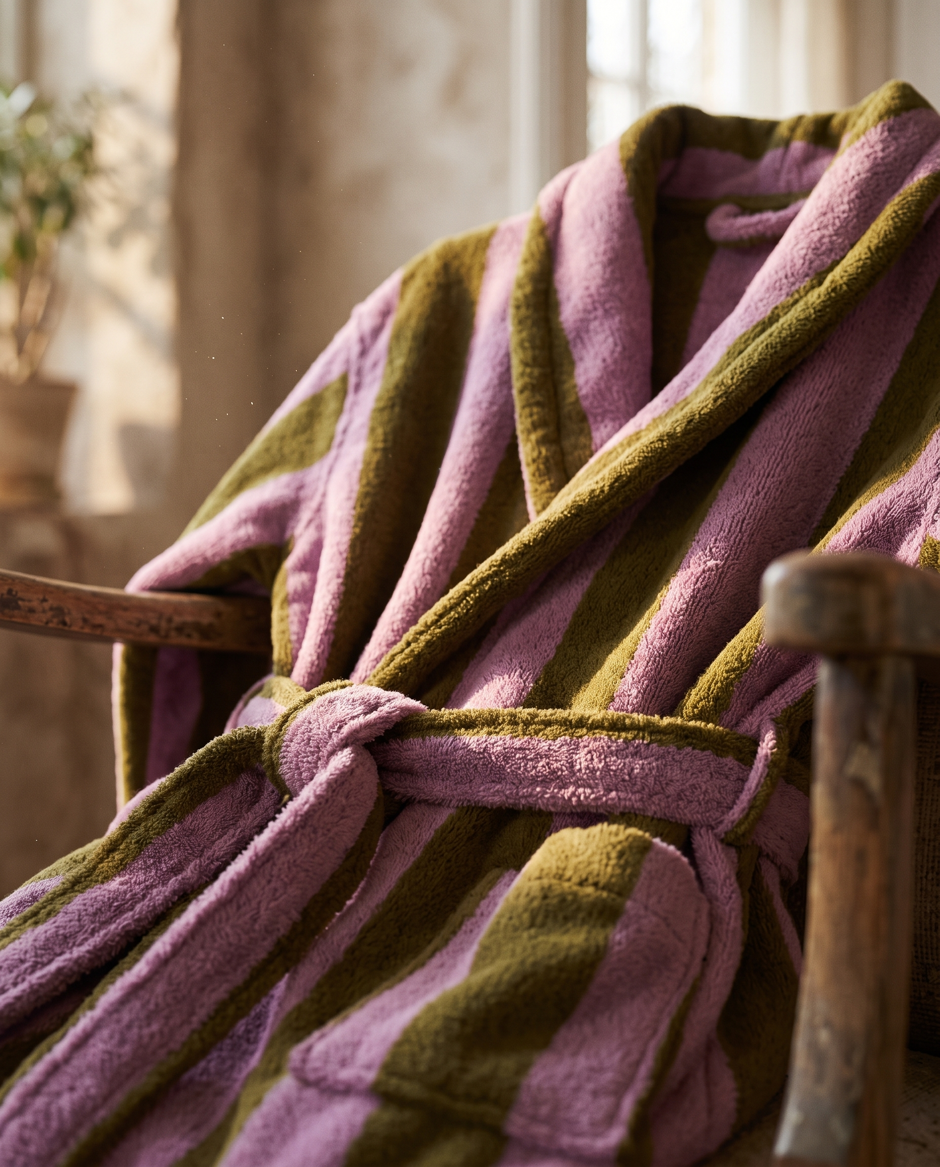 Striped Jacquard Organic Cotton Bathrobe — woven stripe fabric macro detail, warm side light