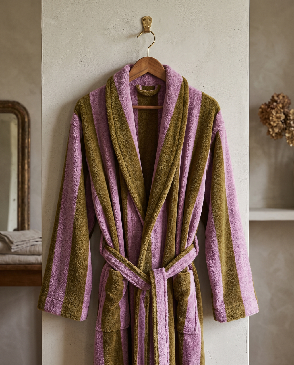 Striped Jacquard Organic Cotton Bathrobe — Pink & Brown robe on wooden hanger, luxury spa bathroom