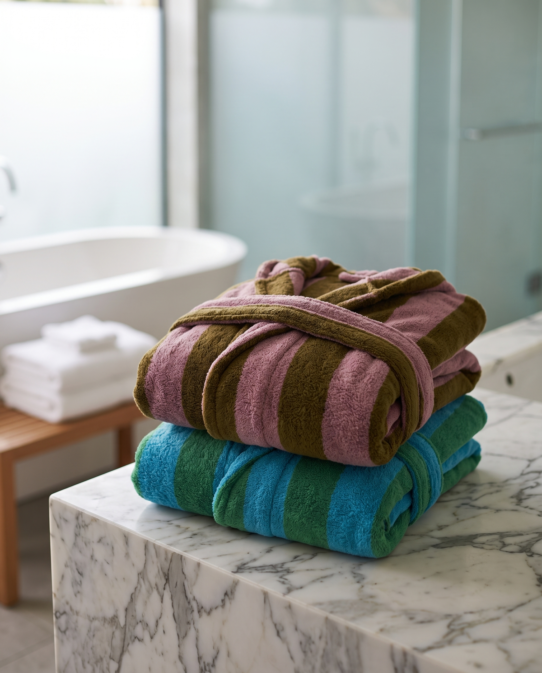 Striped Jacquard Organic Cotton Bathrobe — both colours folded spa stack, marble counter