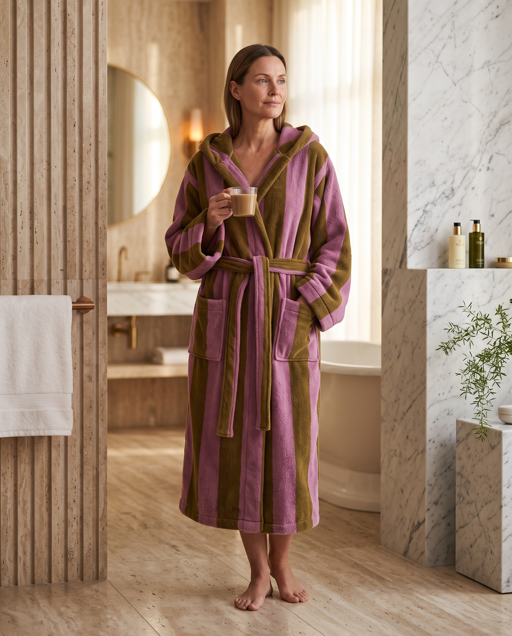 Striped Jacquard Organic Cotton Bathrobe — Pink & Brown, woman wearing robe, luxury spa hotel bathroom