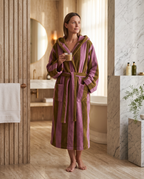 Striped Jacquard Organic Cotton Bathrobe — Pink & Brown, woman wearing robe, luxury spa hotel bathroom