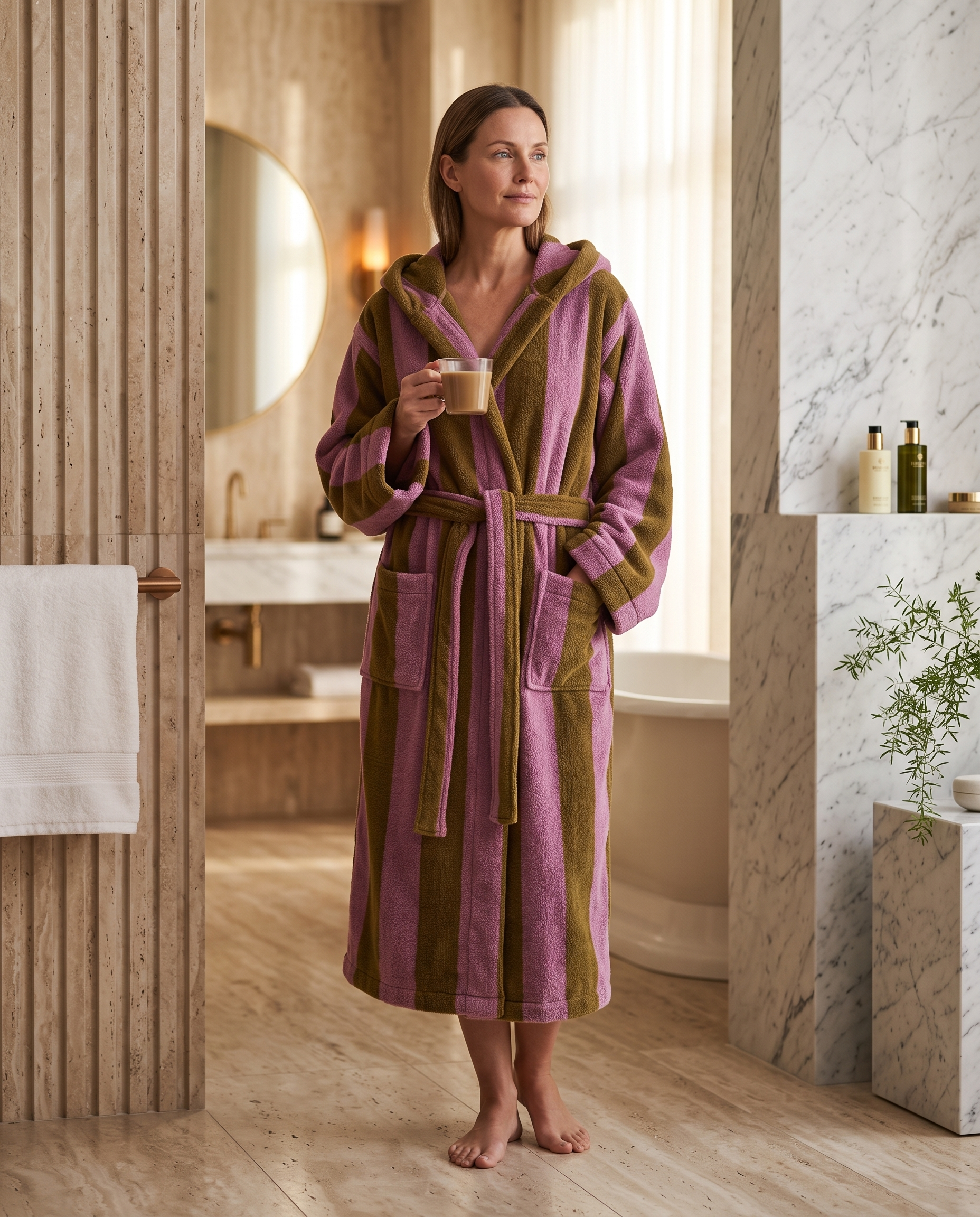 Striped Jacquard Organic Cotton Bathrobe — Pink & Brown, woman wearing robe, luxury spa hotel bathroom