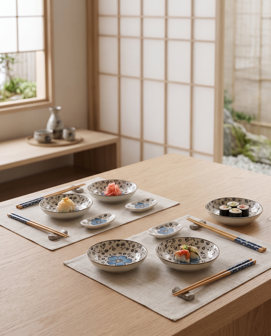Cherry Blossom Sushi Dinnerware Set — Blue hero, pale oak Japanese dining table in a calm minimal zen dining room