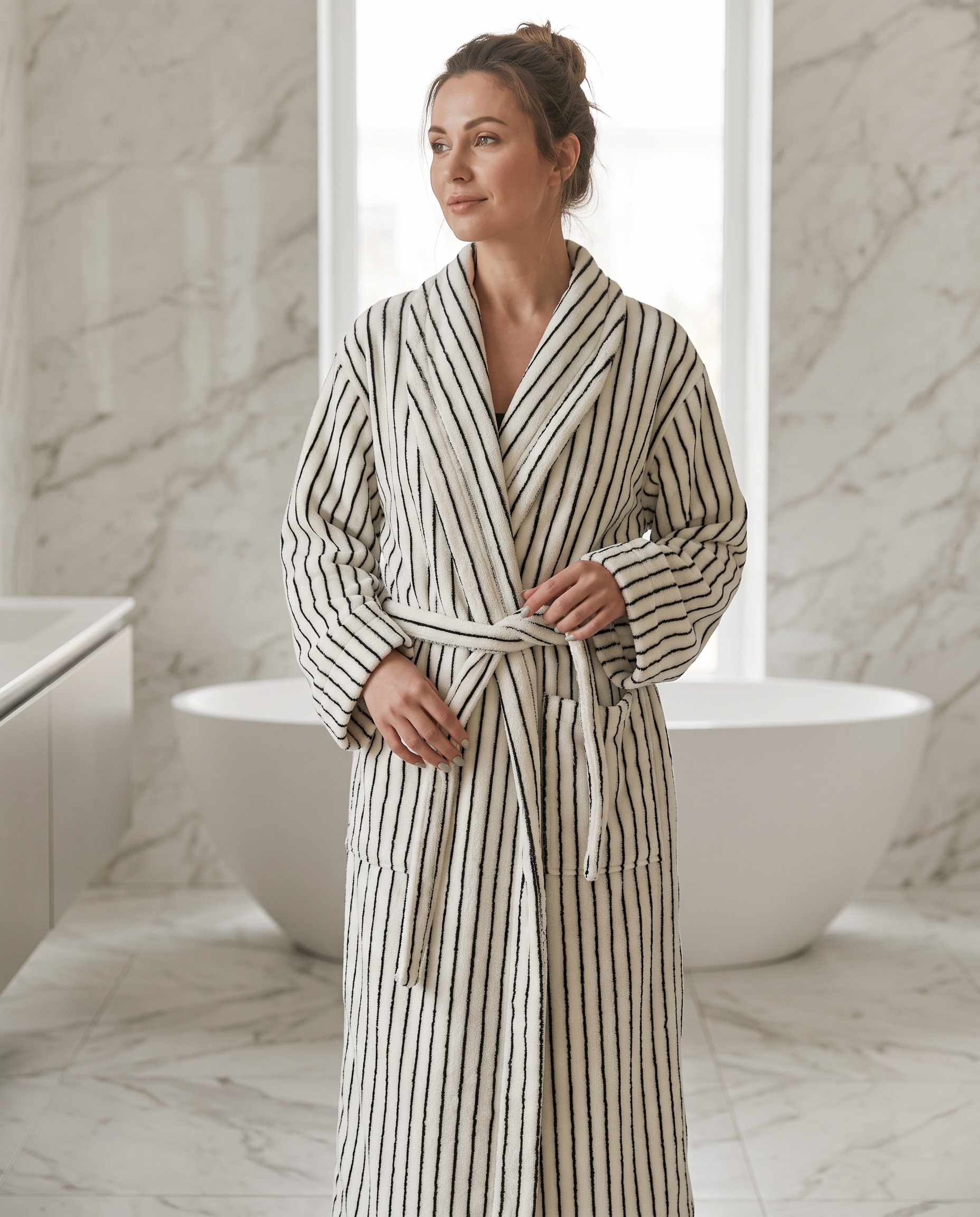 Pinstripe Jacquard Organic Cotton Robe — Black & White, woman wearing robe, luxury spa hotel bathroom