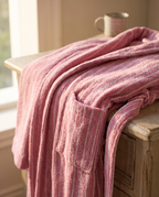 Pinstripe Jacquard Organic Cotton Robe — macro detail of stripe jacquard weave, warm side light
