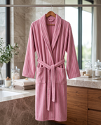 Pinstripe Jacquard Organic Cotton Robe — on wooden hanger with natural folds, luxury spa bathroom