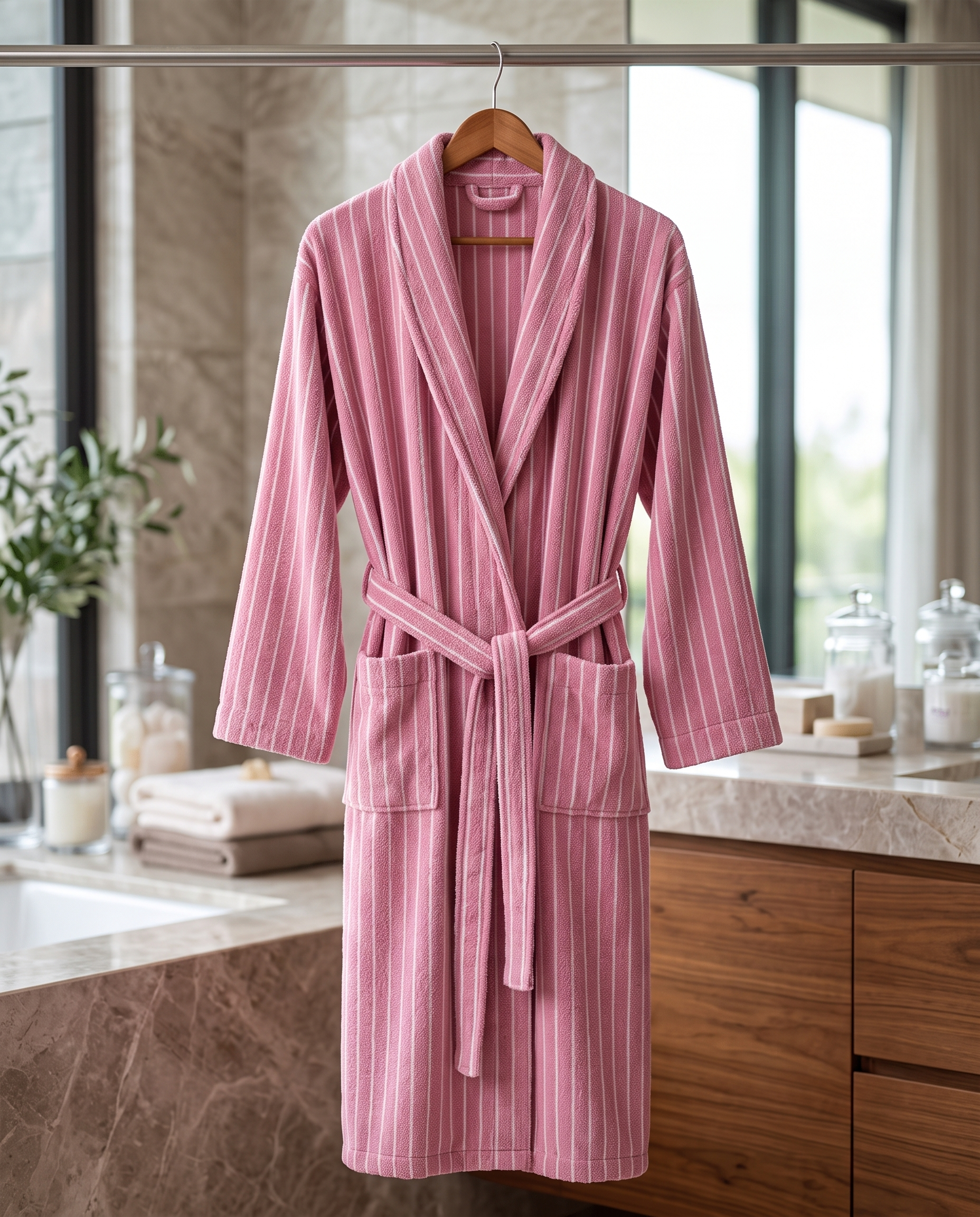 Pinstripe Jacquard Organic Cotton Robe — on wooden hanger with natural folds, luxury spa bathroom