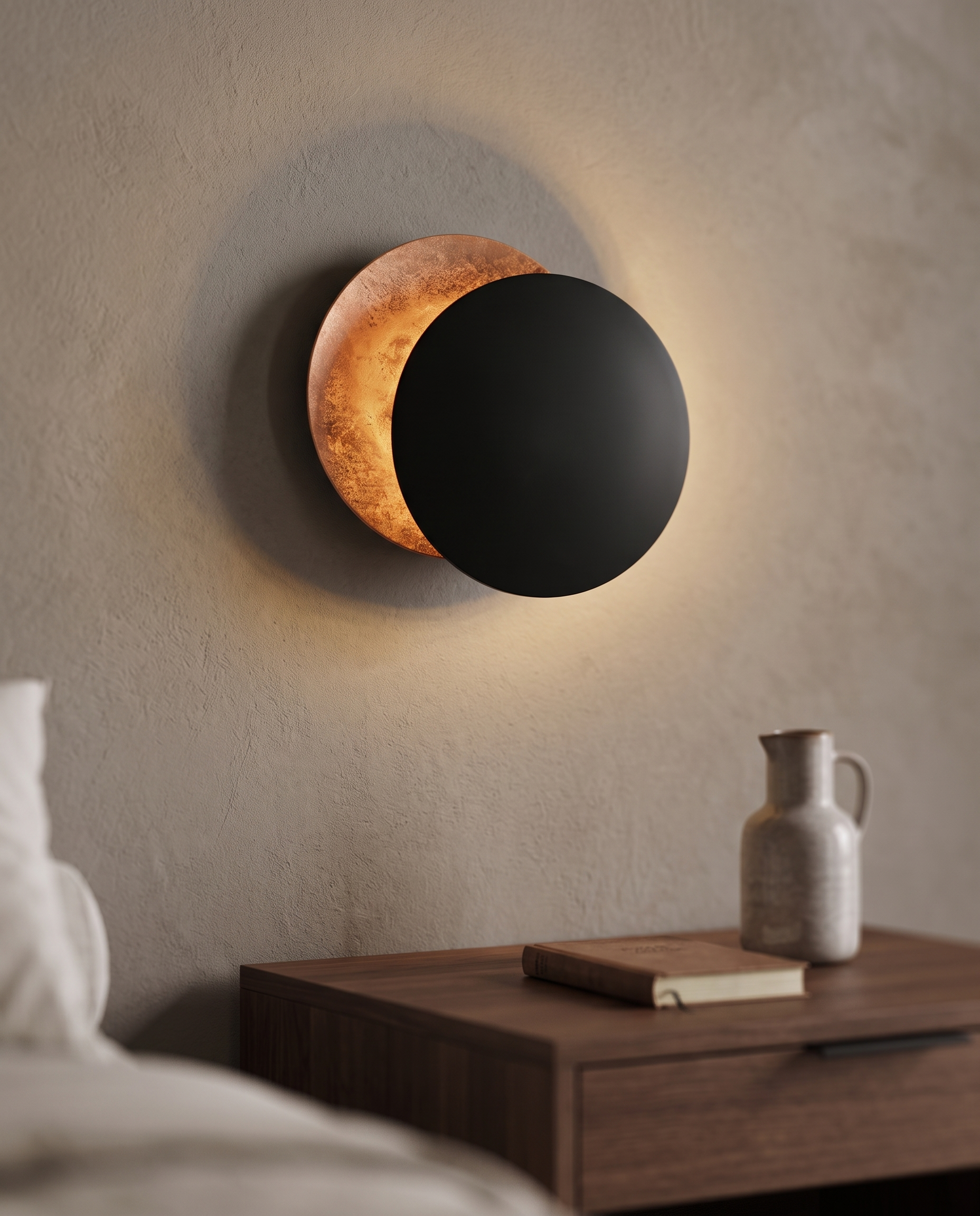 Round Moon Eclipse LED Wall Sconce, Copper — Black & Copper hero, mounted above nightstand in modern bedroom