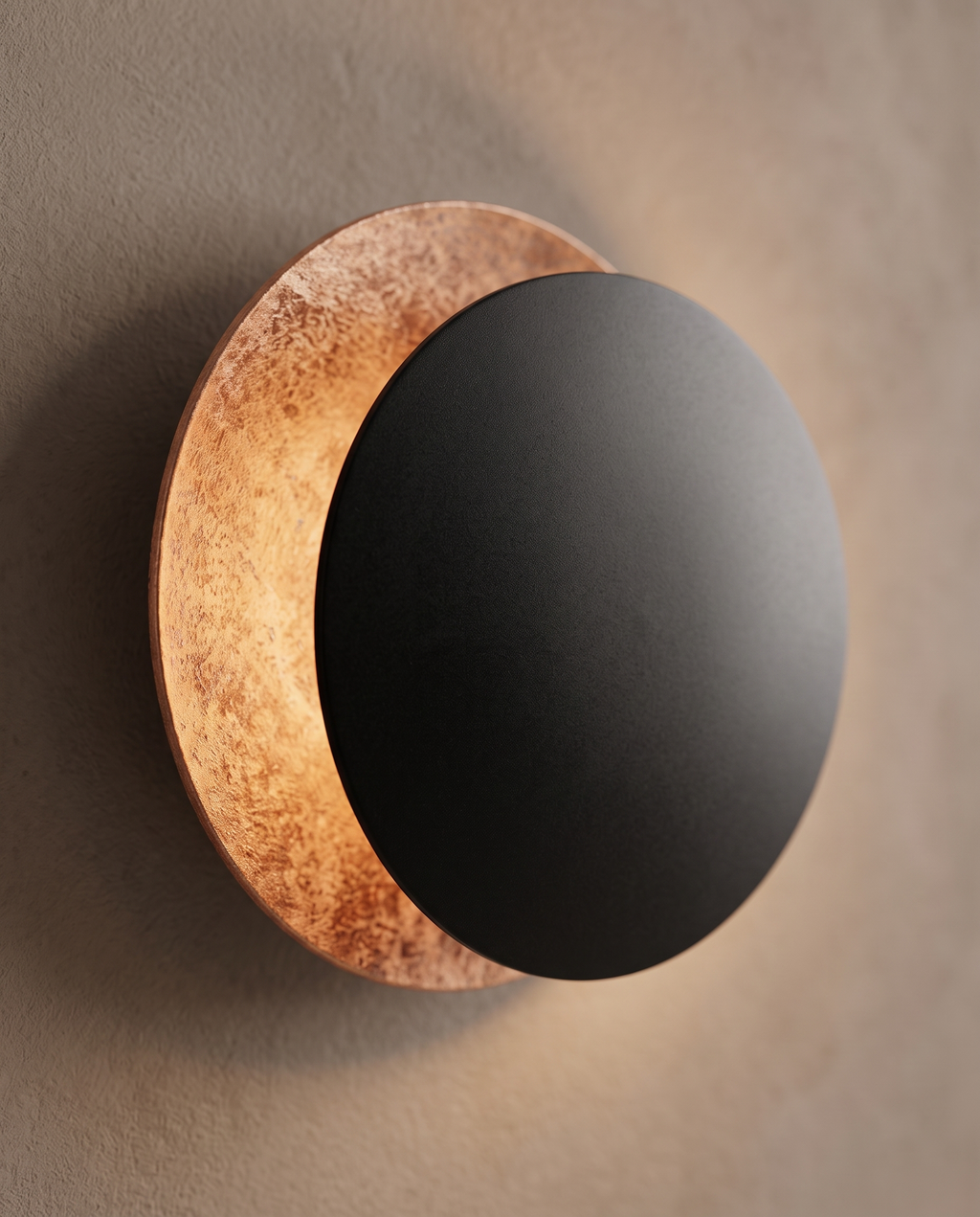 Round Moon Eclipse LED Wall Sconce, Copper — Black & Copper finish macro detail, mounted on wall