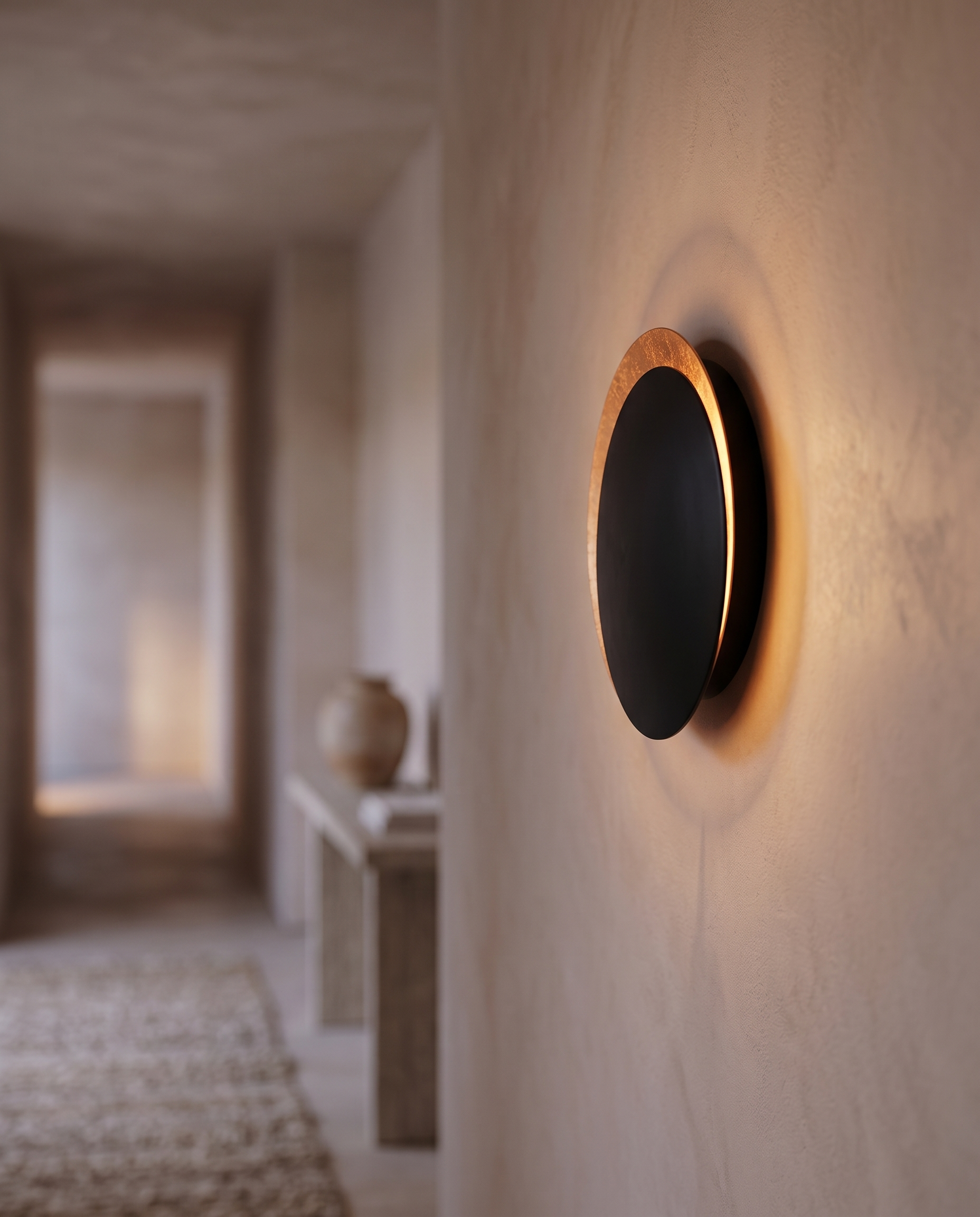 Round Moon Eclipse LED Wall Sconce, Copper — Black & Copper, mounted on hallway wall with soft ambient glow