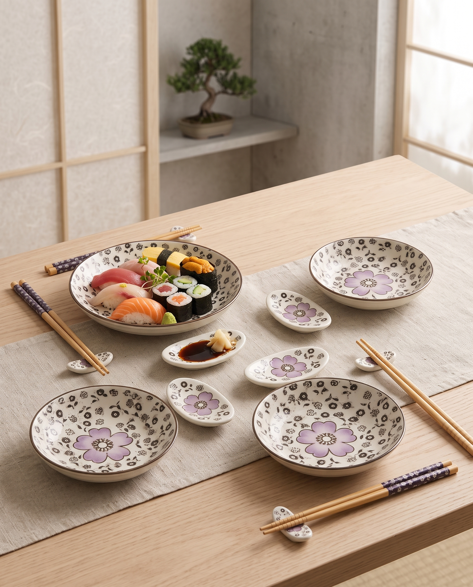 Cherry Blossom Sushi Dinnerware Set — styled meal with plated sushi, calm Japanese dining room on pale oak table