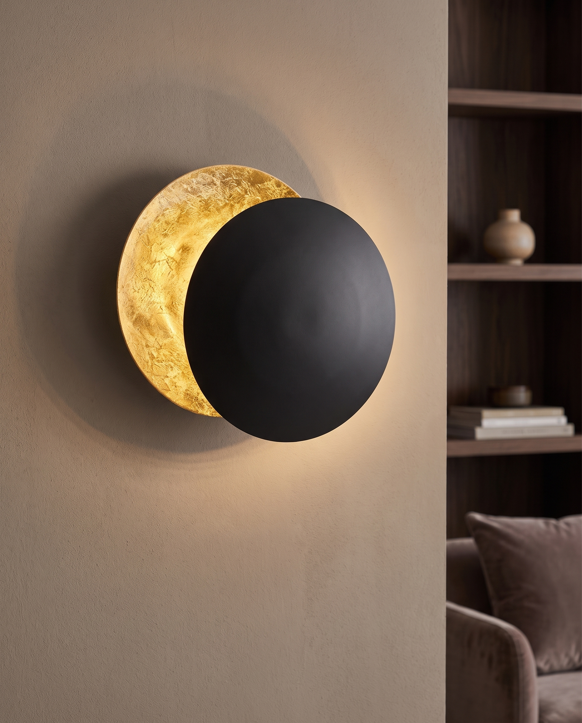 Round Moon Eclipse LED Wall Sconce, Copper — Black & Gold hero, mounted on contemporary living room wall