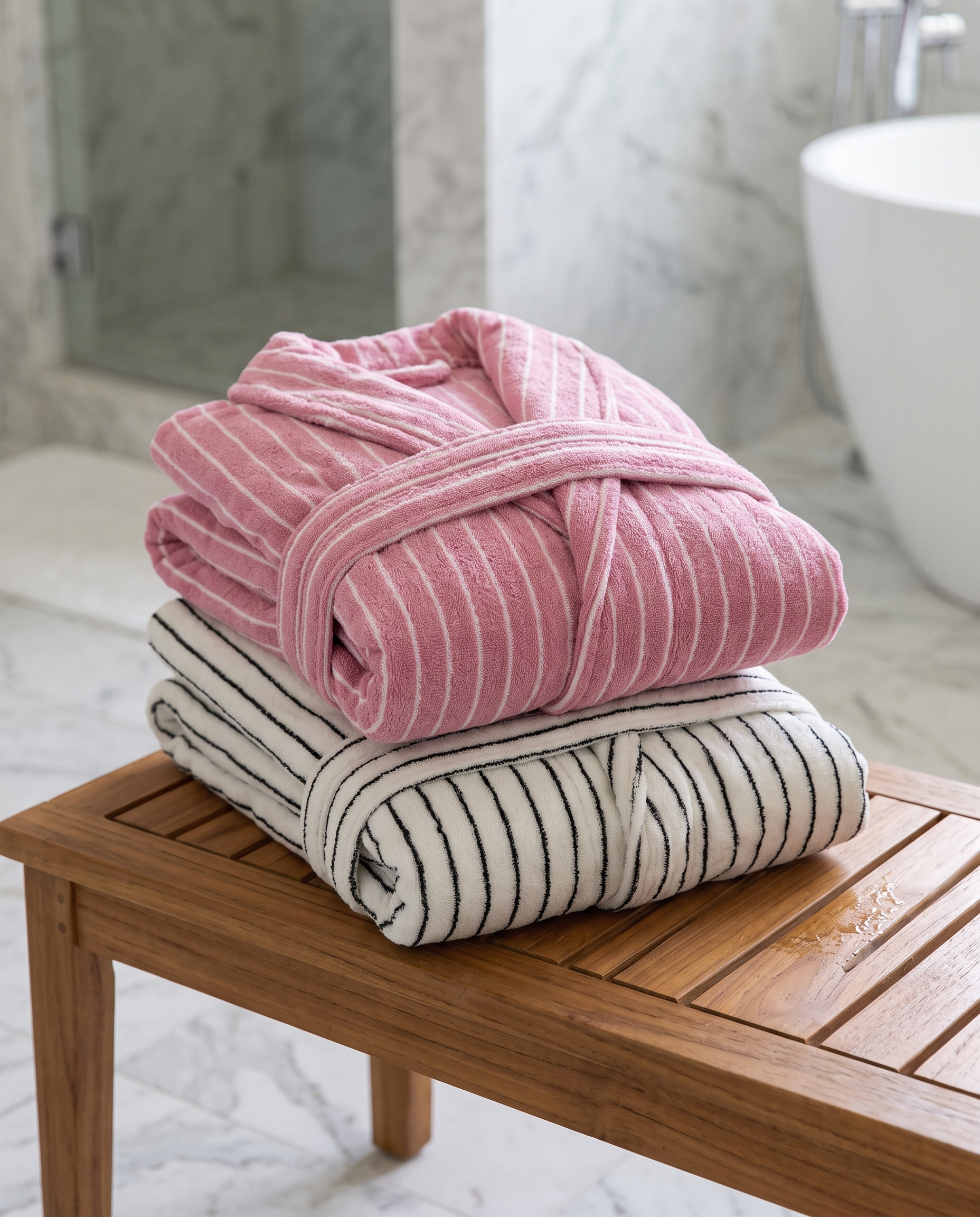 Pinstripe Jacquard Organic Cotton Robe — folded spa stack of both colours, teak bench marble bathroom