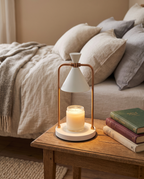 Dimmable Candle Warmer Lamp, Retro Metal — White, on a bedside table