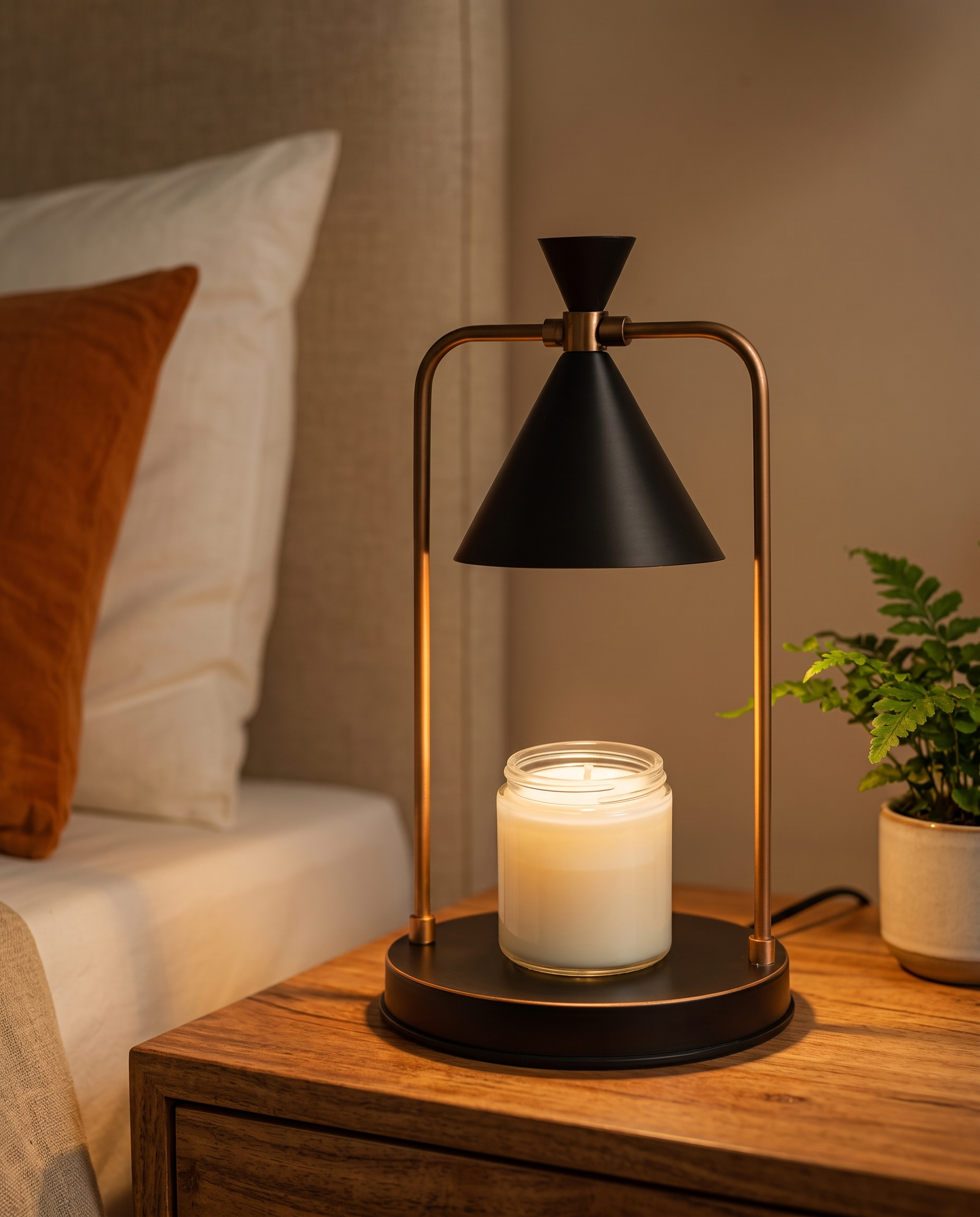 Dimmable Candle Warmer Lamp, Retro Metal — Black, on a wooden bedside table