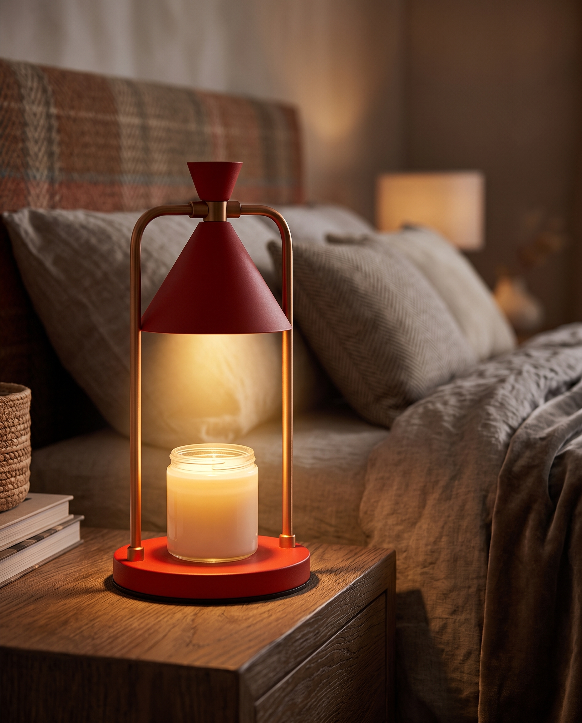 Dimmable Candle Warmer Lamp, Retro Metal — Red, on a bedside table