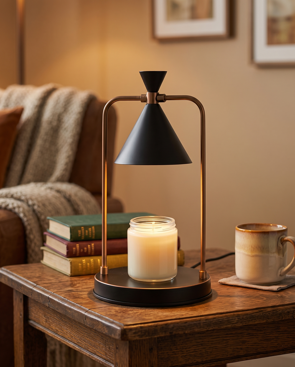 Dimmable Candle Warmer Lamp, Retro Metal — Black, placement and scale on a wood side table