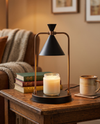 Dimmable Candle Warmer Lamp, Retro Metal — Black, placement and scale on a wood side table