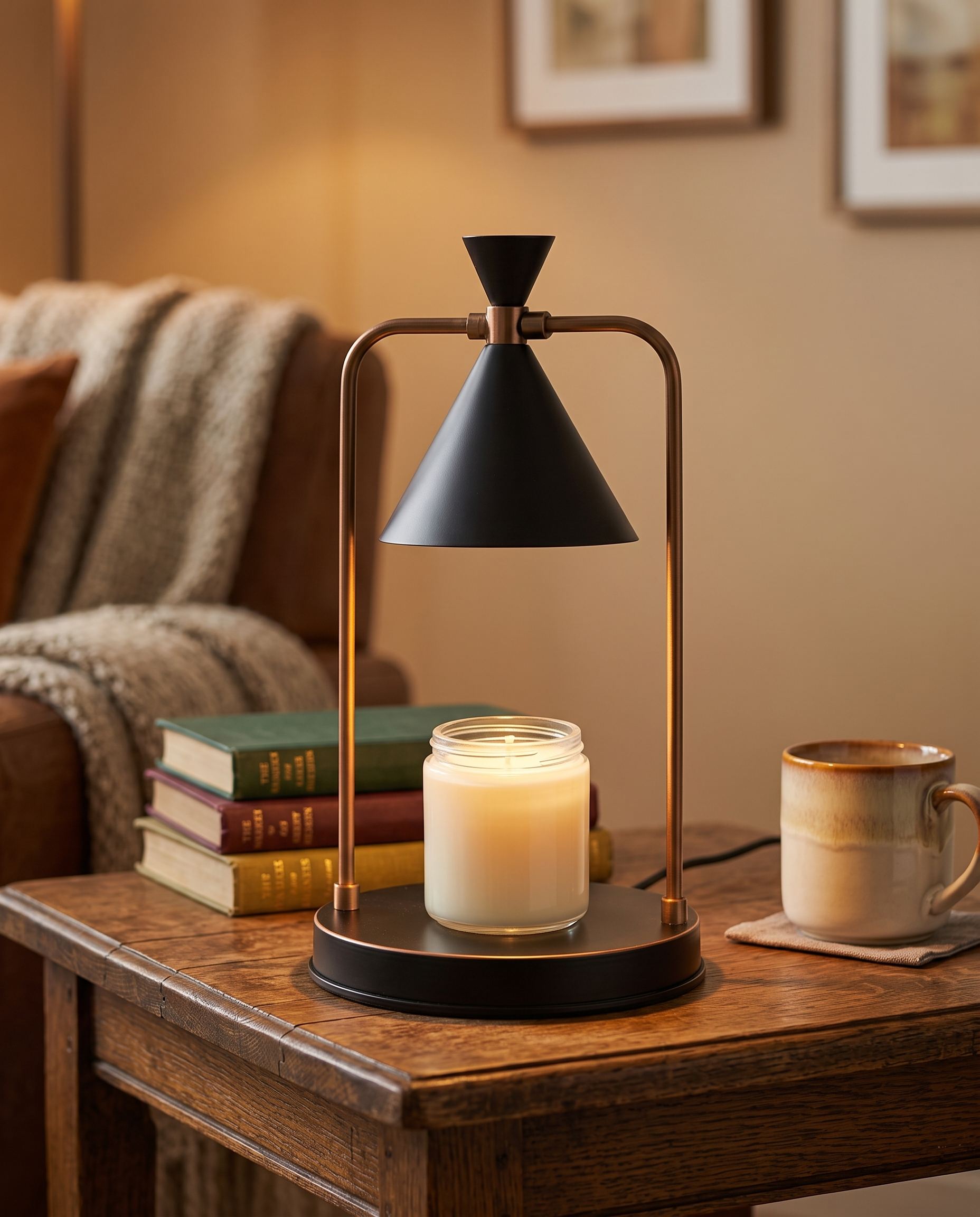 Dimmable Candle Warmer Lamp, Retro Metal — Black, placement and scale on a wood side table