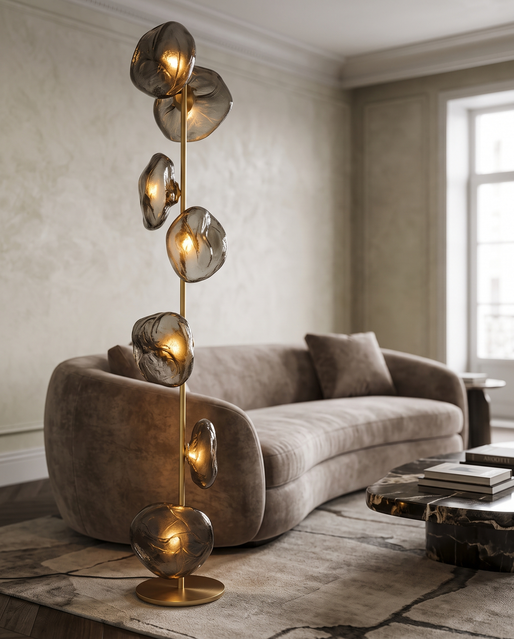 Sculptural Glass Floor Lamp, LED — Gold & Smoky Grey, beside sofa in modern luxury living room