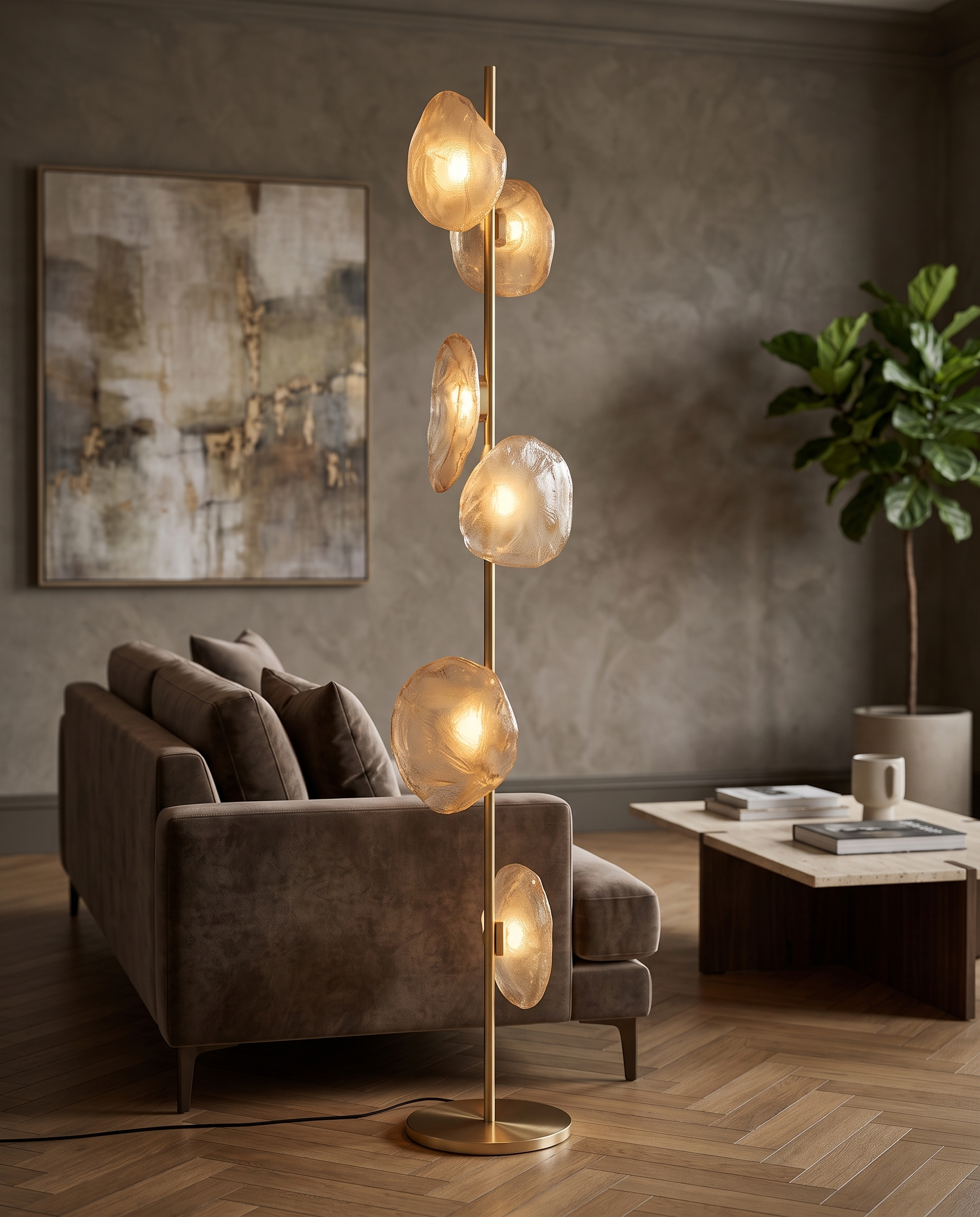 Sculptural Glass Floor Lamp, LED — Gold & Transparent, beside sofa in modern luxury living room