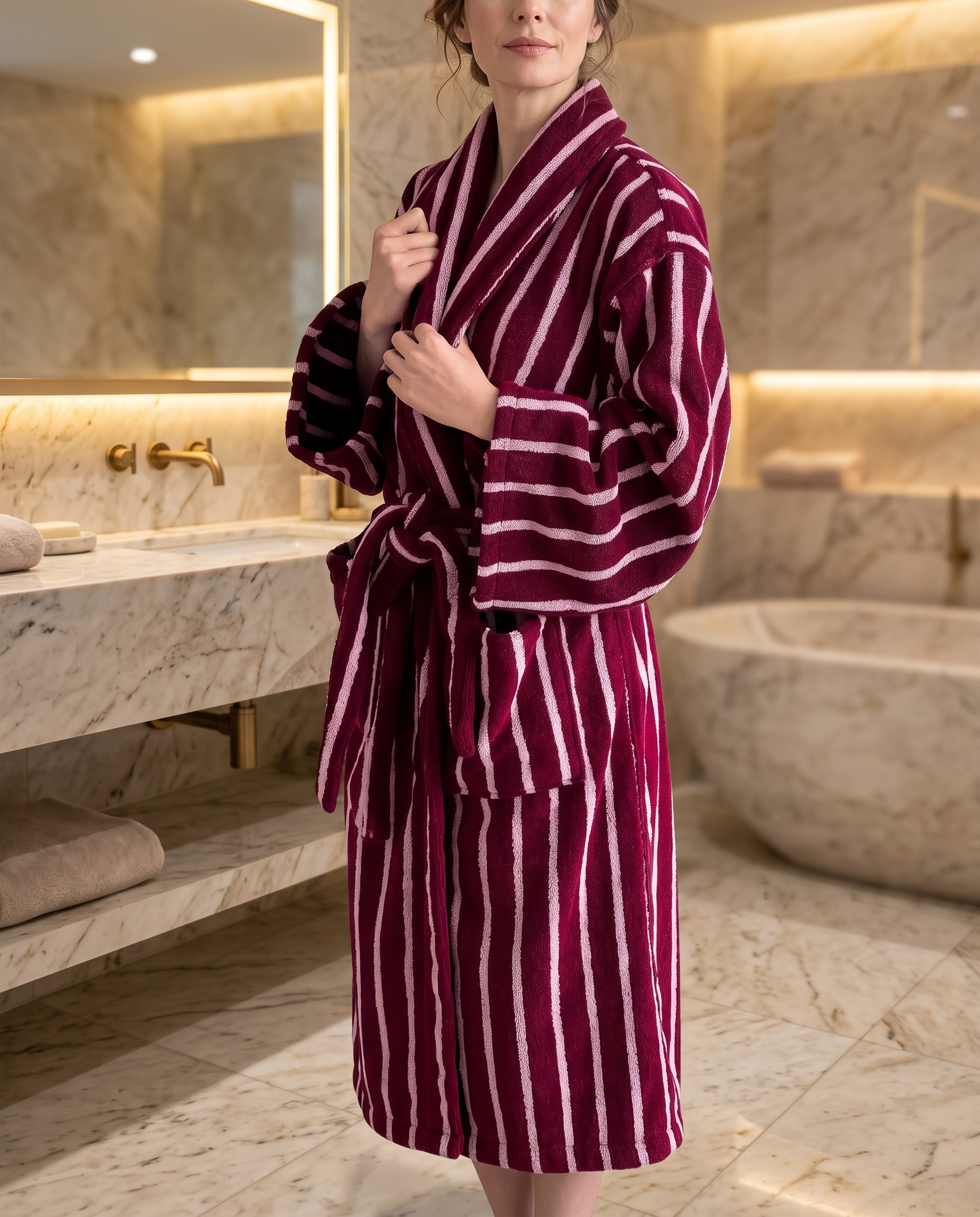 Dark Stripe Jacquard Cotton Bathrobe — red, on adult model, luxury spa hotel bathroom