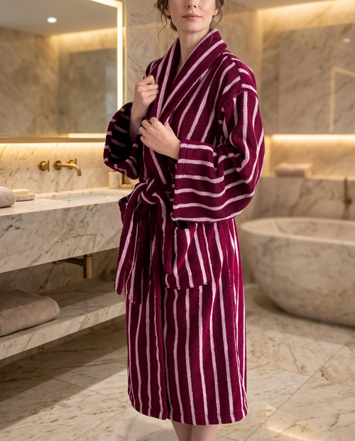 Dark Stripe Jacquard Cotton Bathrobe — red, on adult model, luxury spa hotel bathroom