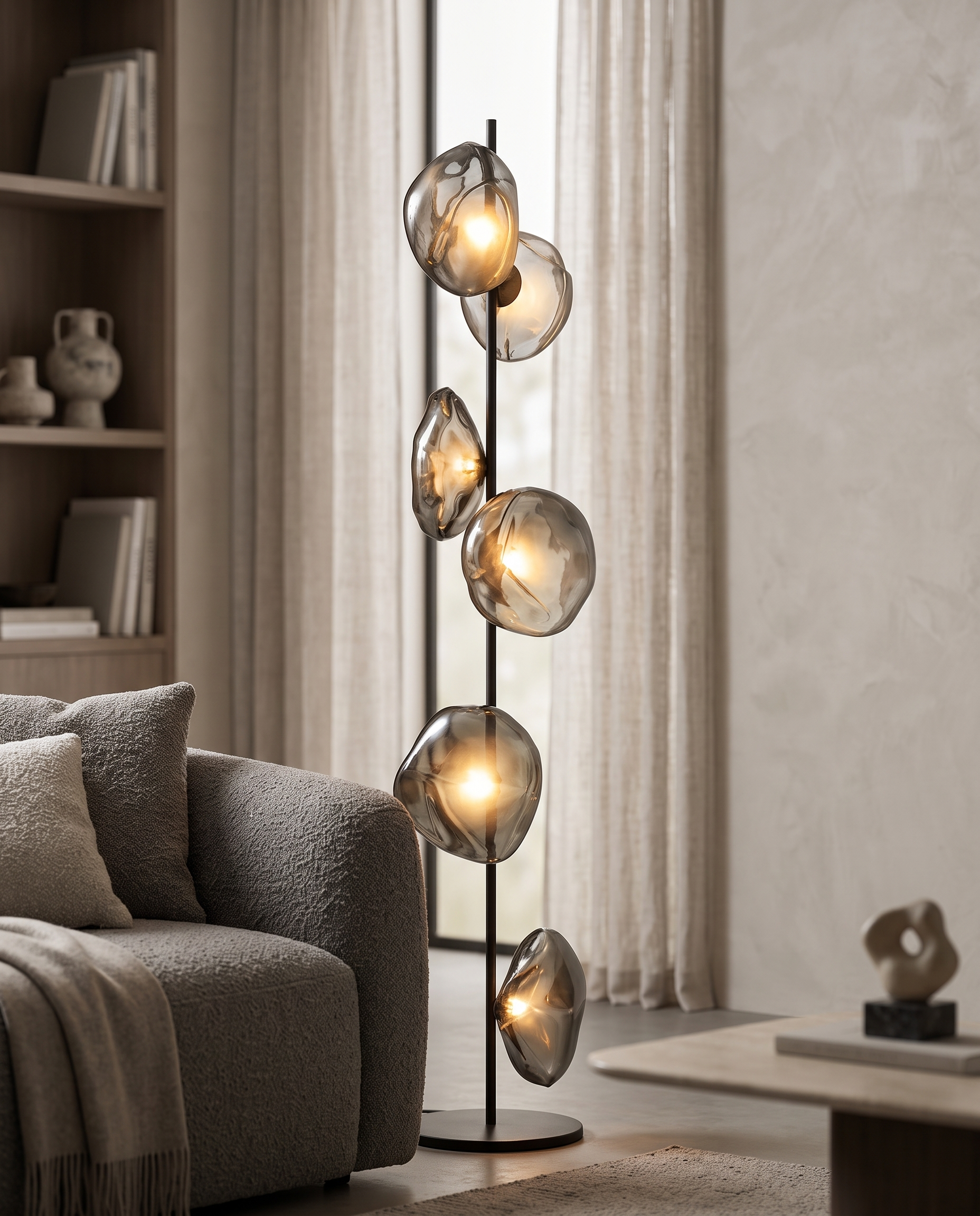 Sculptural Glass Floor Lamp, LED — Black & Smoky Grey, beside sofa in modern luxury living room