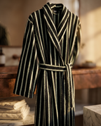 Dark Stripe Jacquard Cotton Bathrobe — detail macro of stripe cotton weave, warm side light